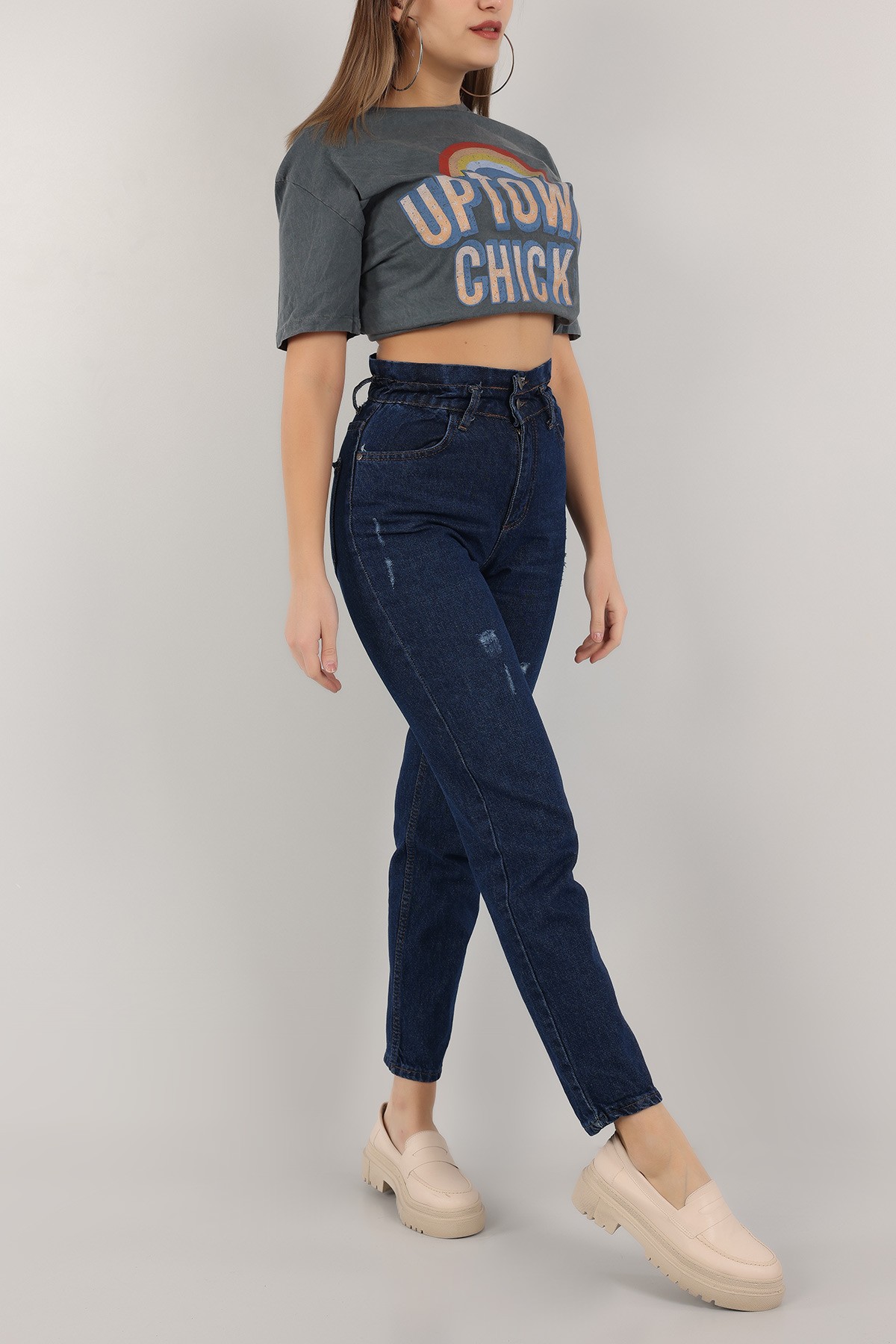 Lacivert Beli Lastikli Mom Bayan Kot Pantolon 159007