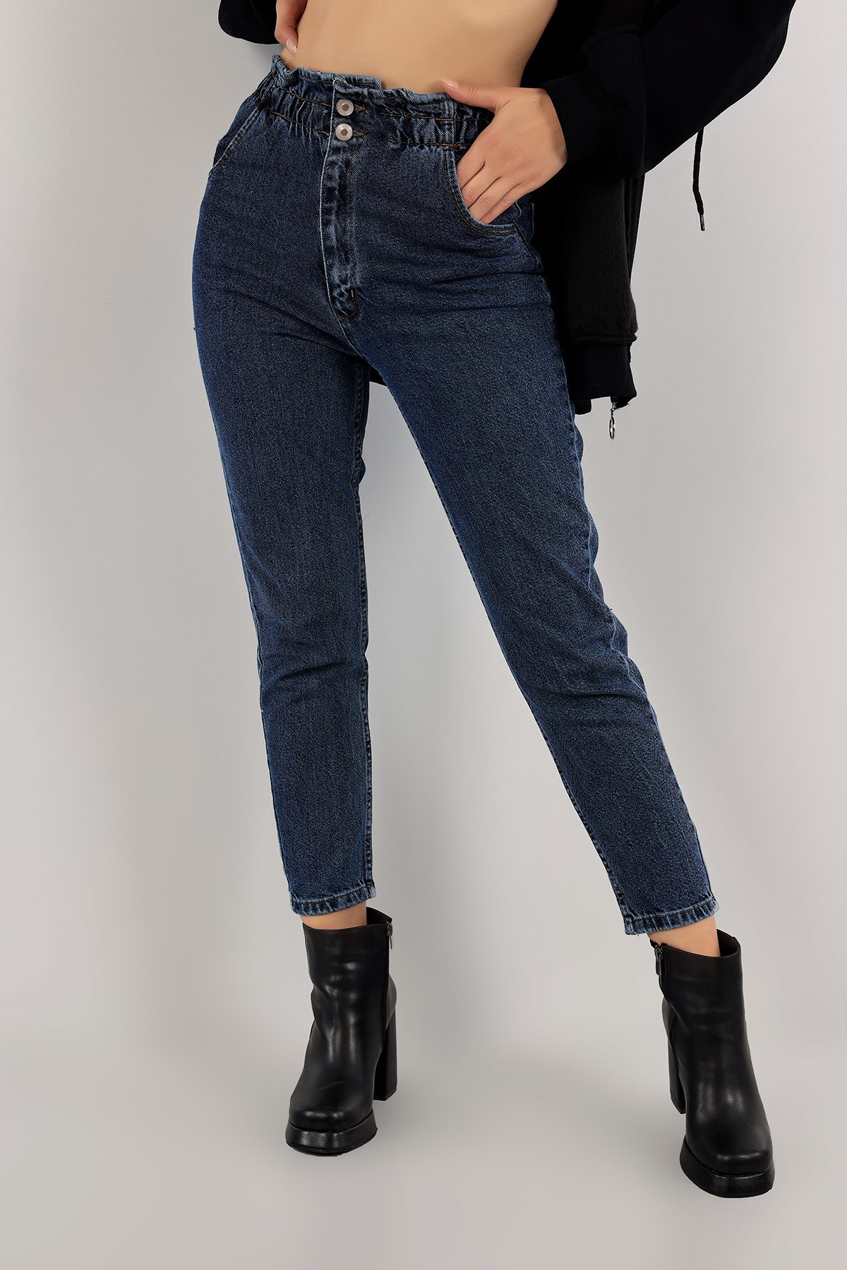 Lacivert Beli Lastikli Mom Kot Pantolon 134624