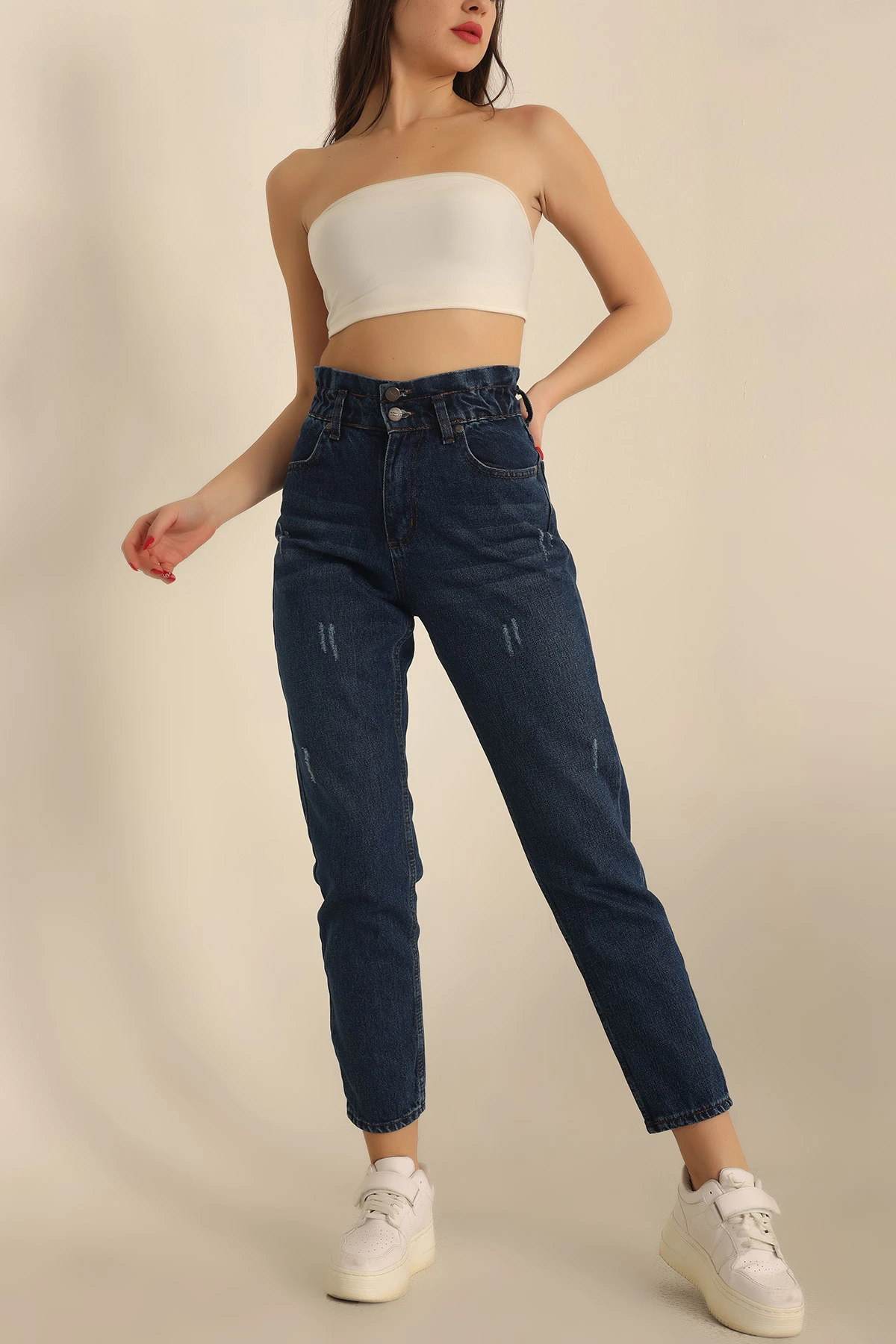 Lacivert Beli Lastikli Mom Kot Pantolon 230696