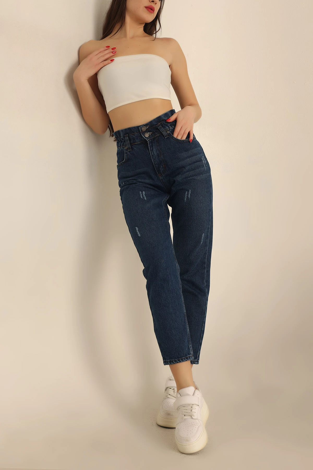 Lacivert Beli Lastikli Mom Kot Pantolon 230696