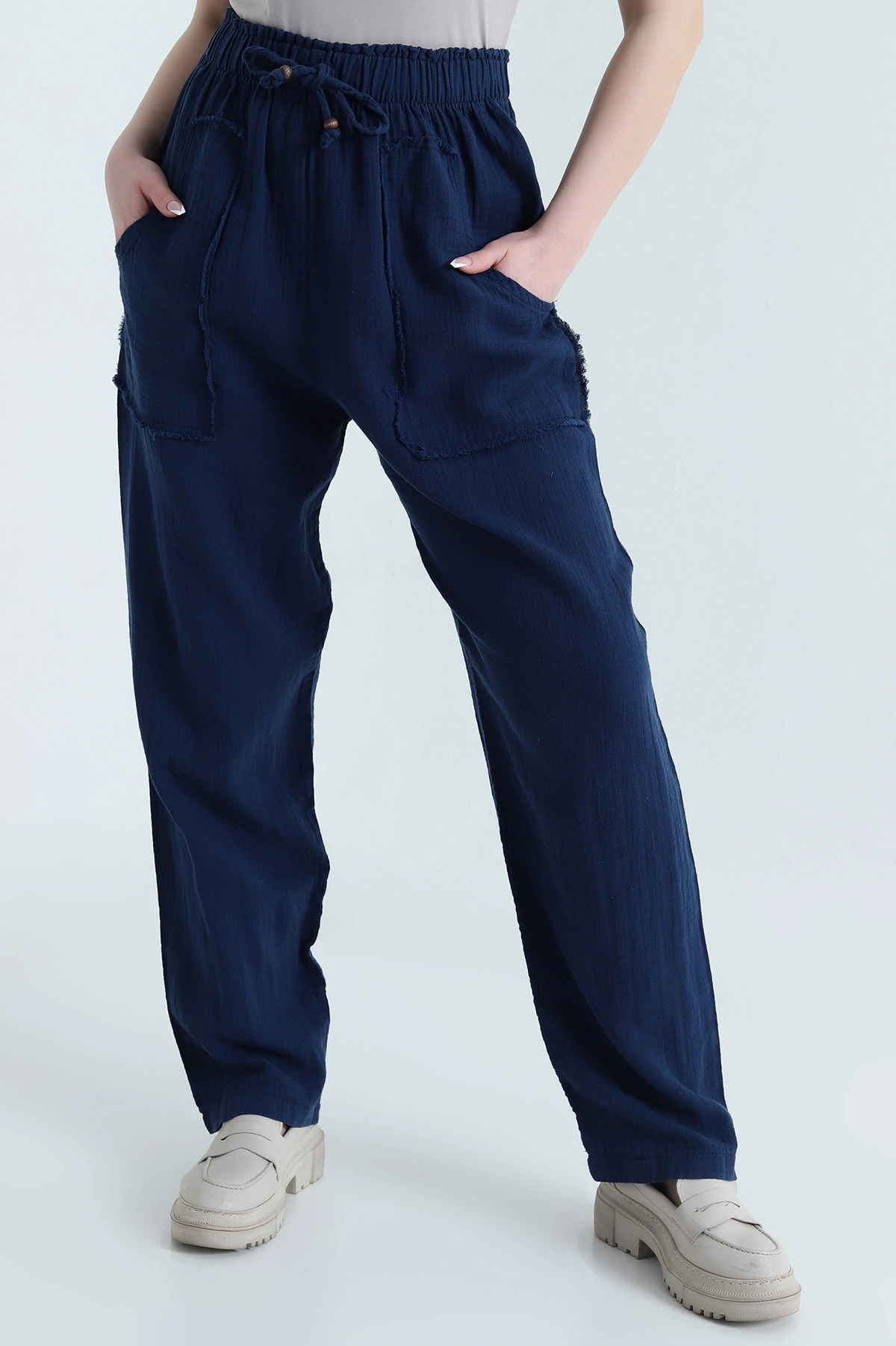 Lacivert Beli Lastikli Müslin Keten Kadın Pantolon 451555