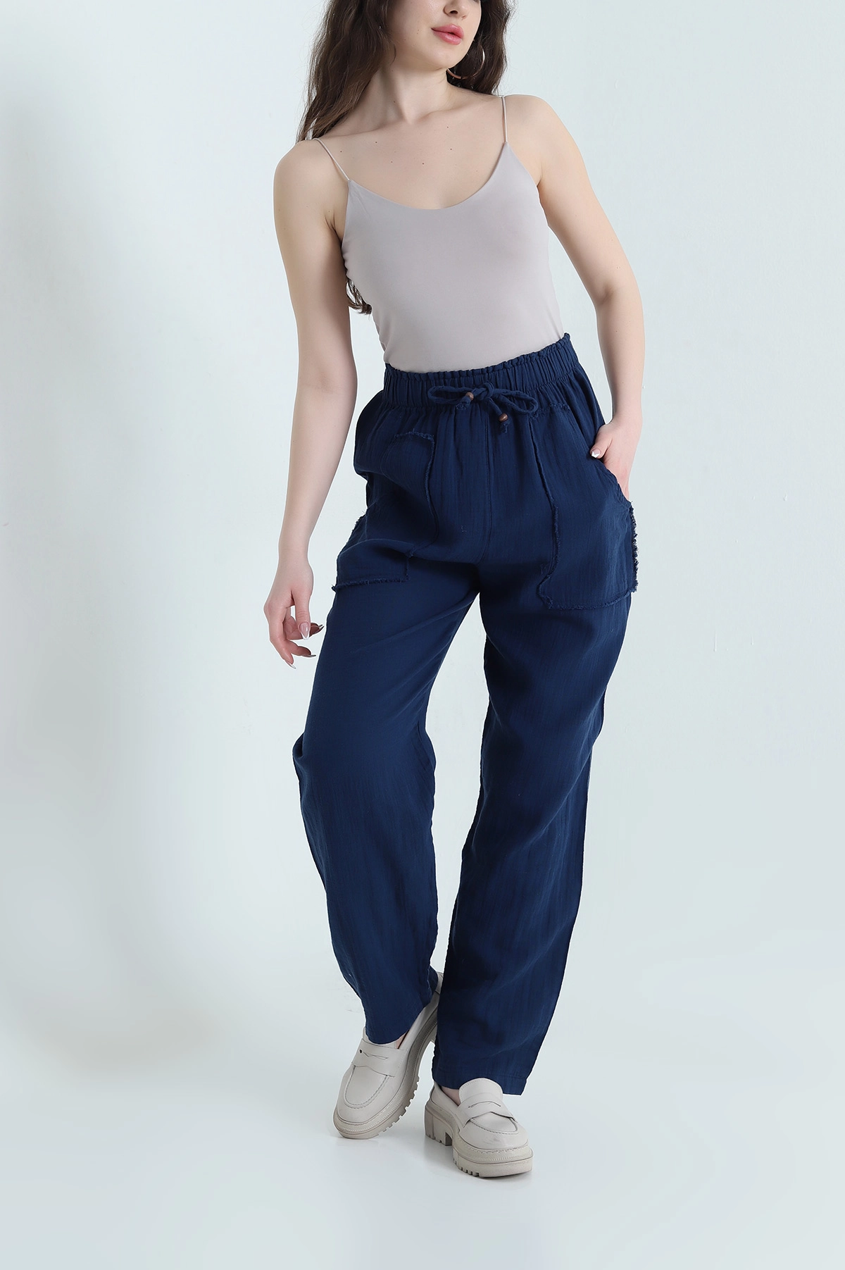 Lacivert Beli Lastikli Müslin Keten Kadın Pantolon 451555