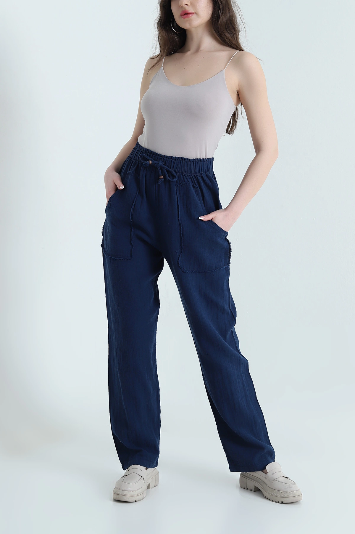 Lacivert Beli Lastikli Müslin Keten Kadın Pantolon 451555