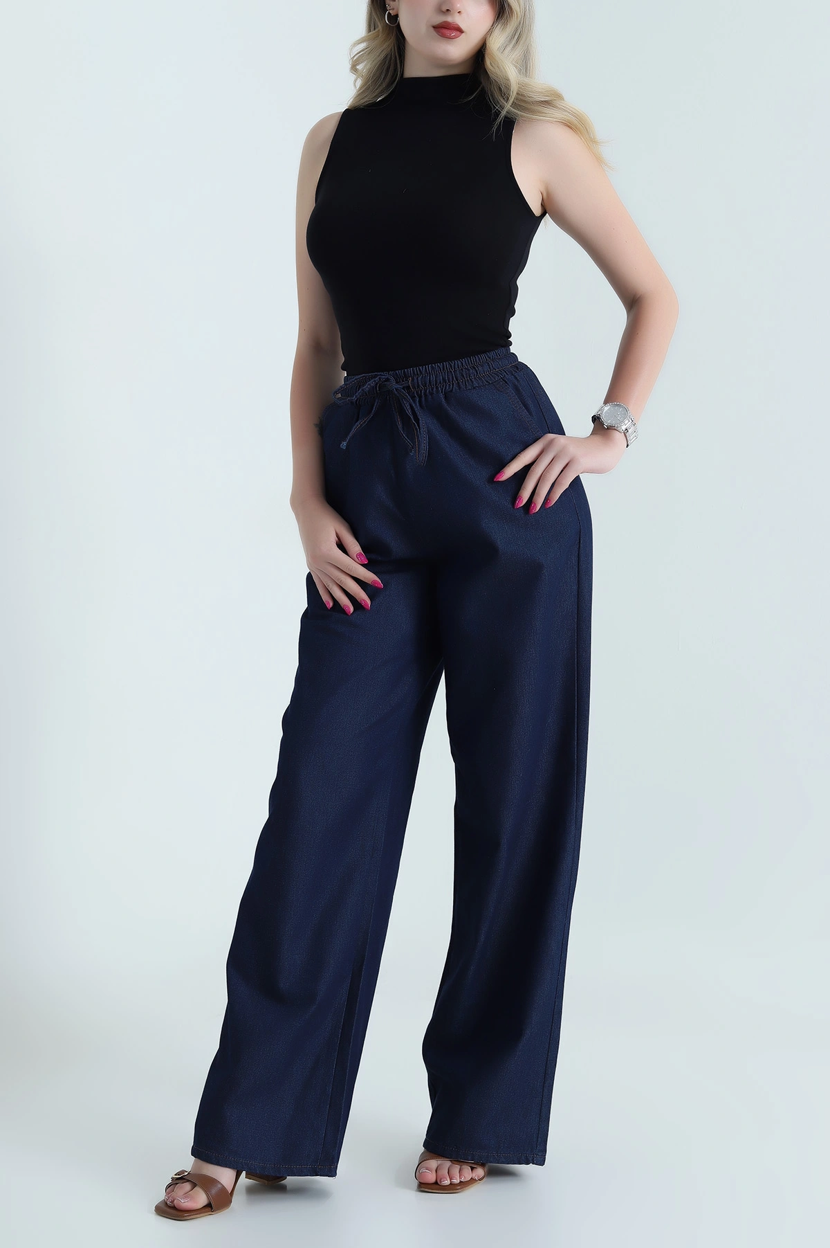 Lacivert Beli Lastikli Tensel Kot Kadın Pantolon 462810