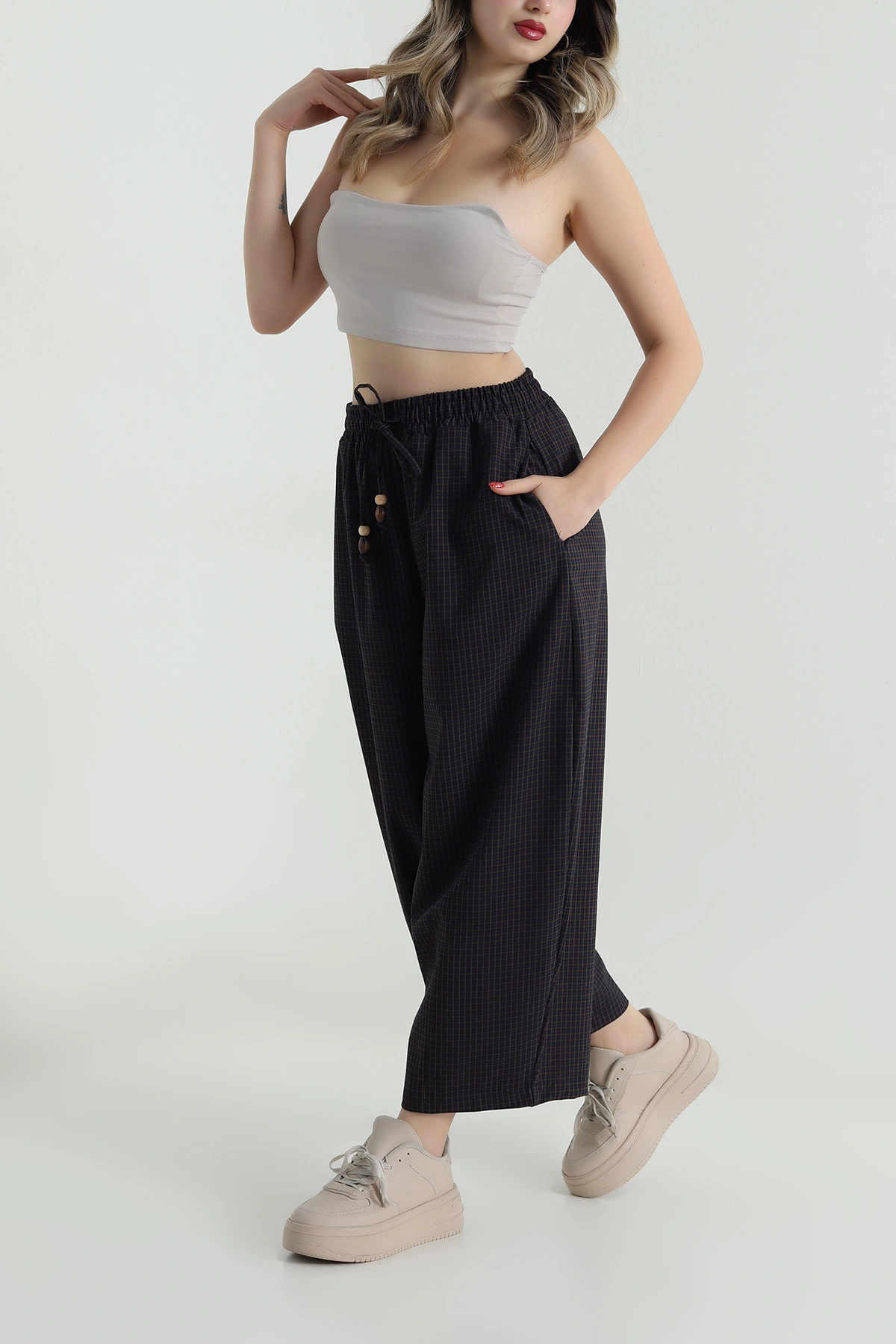 Lacivert Beli Lastikli Yeni Sezon Ekose Kadın Pantolon 499343