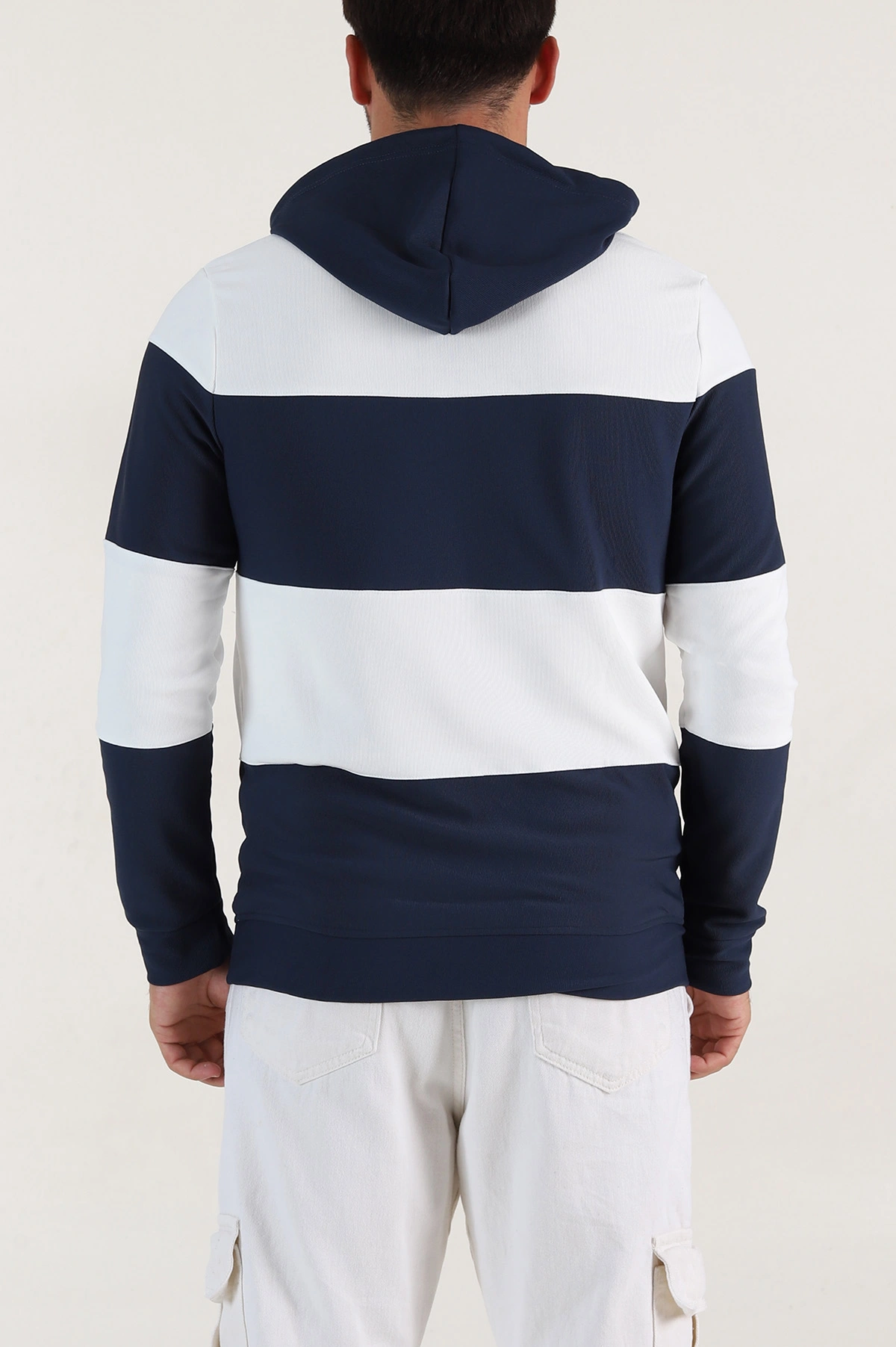 Lacivert Beyaz Cep Detaylı Yazılı Kapüşonlu Erkek Sweatshirt 396163
