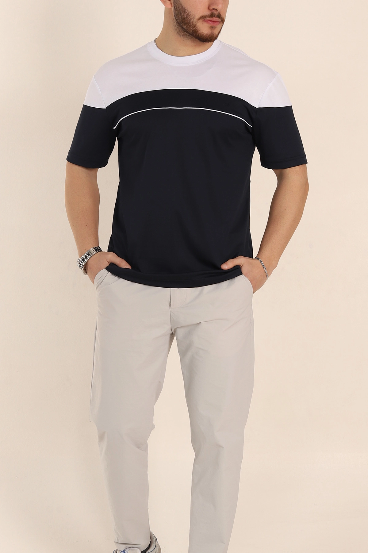 Lacivert Beyaz Çift Renk Regular Fit Jakarlı Erkek Tişört 346247