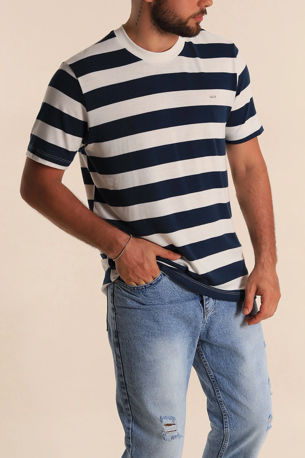 Lacivert Beyaz Çizgili Relaxed Fit Erkek Triko Tişört 279241