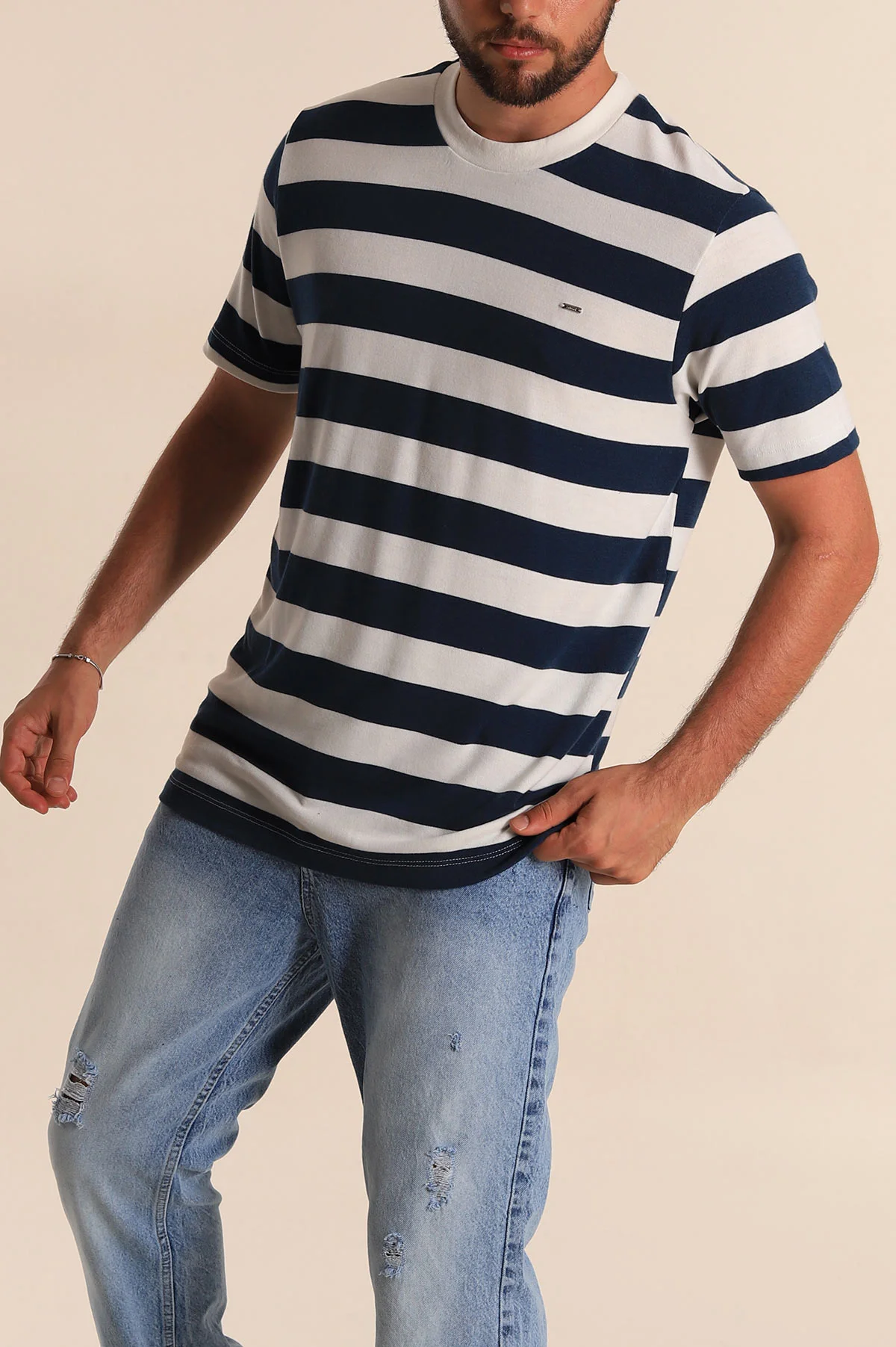 Lacivert Beyaz Çizgili Relaxed Fit Erkek Triko Tişört 279241