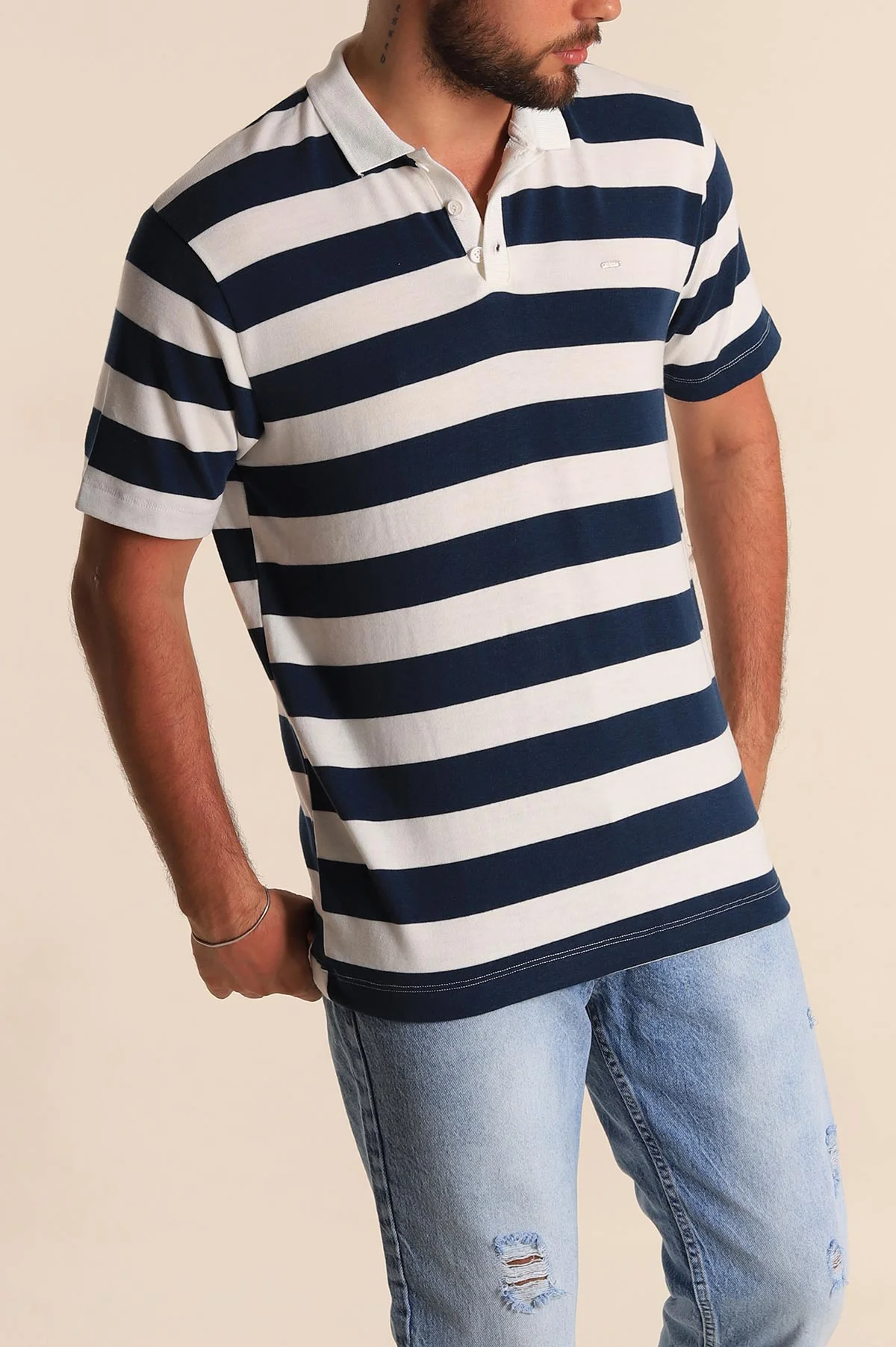 Lacivert Beyaz Çizgili Relaxed Fit Polo Yaka Erkek Triko Tişört 279236