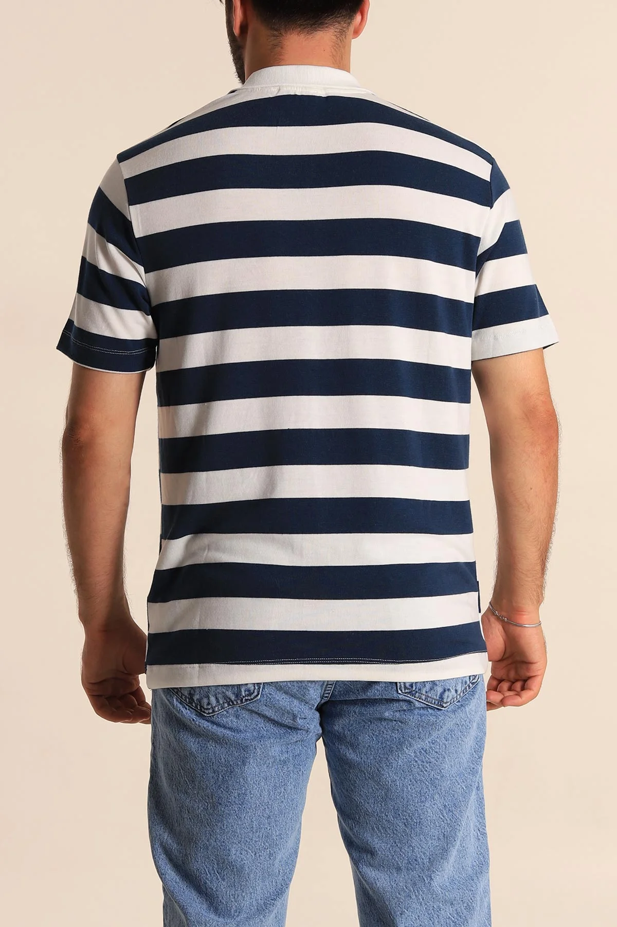 Lacivert Beyaz Çizgili Relaxed Fit Polo Yaka Erkek Triko Tişört 279236