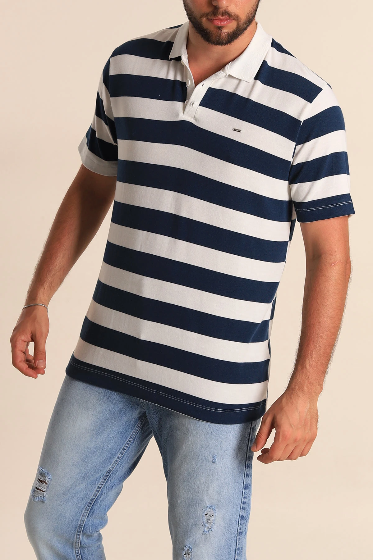 Lacivert Beyaz Çizgili Relaxed Fit Polo Yaka Erkek Triko Tişört 279236