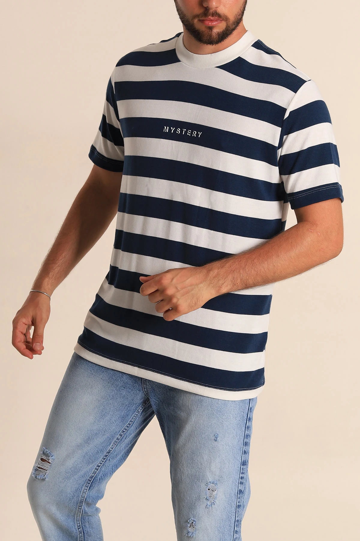 Lacivert Beyaz Çizgili Relaxed Fit Yazı Detay Erkek Triko Tişört 279246
