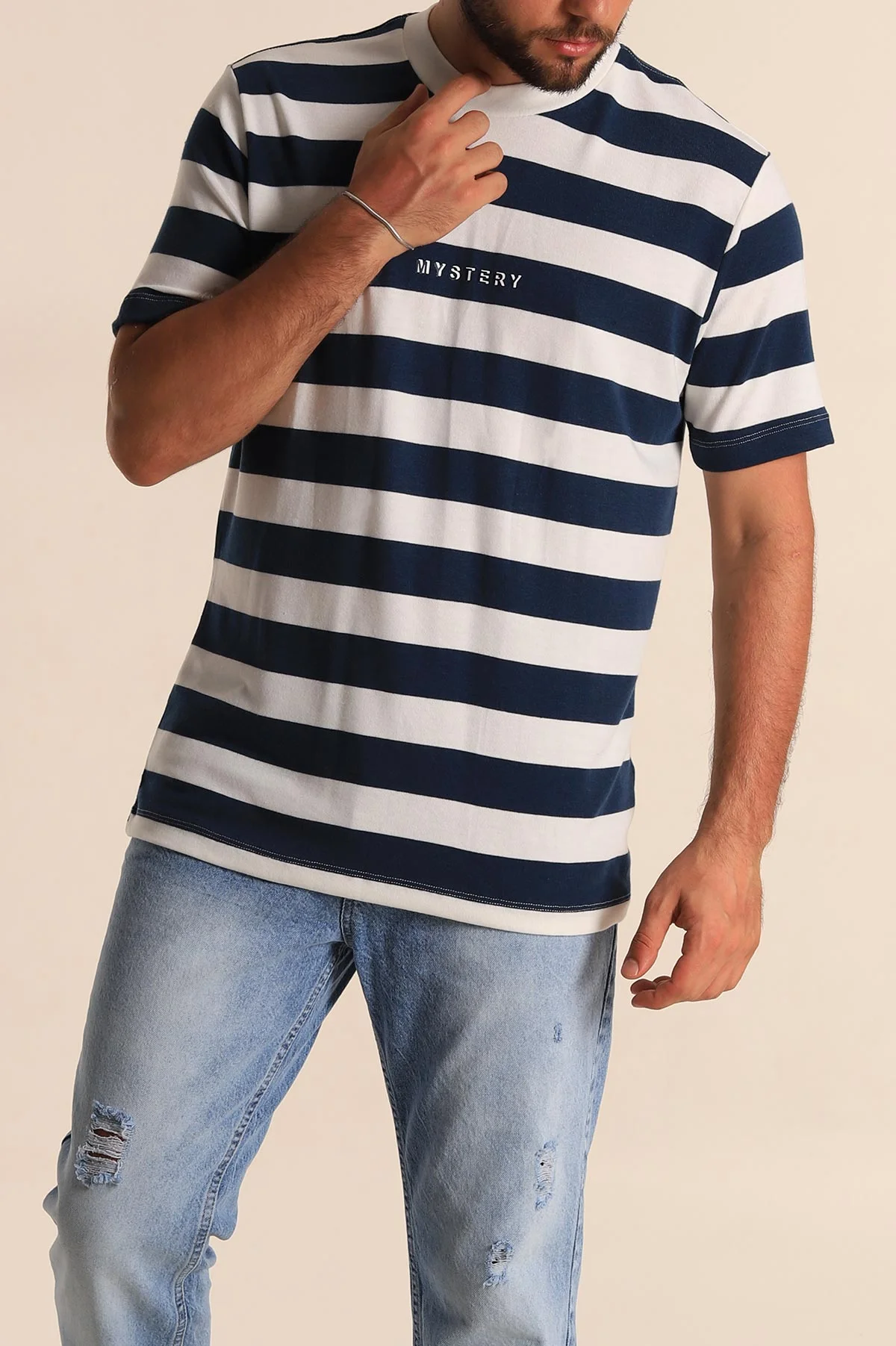 Lacivert Beyaz Çizgili Relaxed Fit Yazı Detay Erkek Triko Tişört 279246