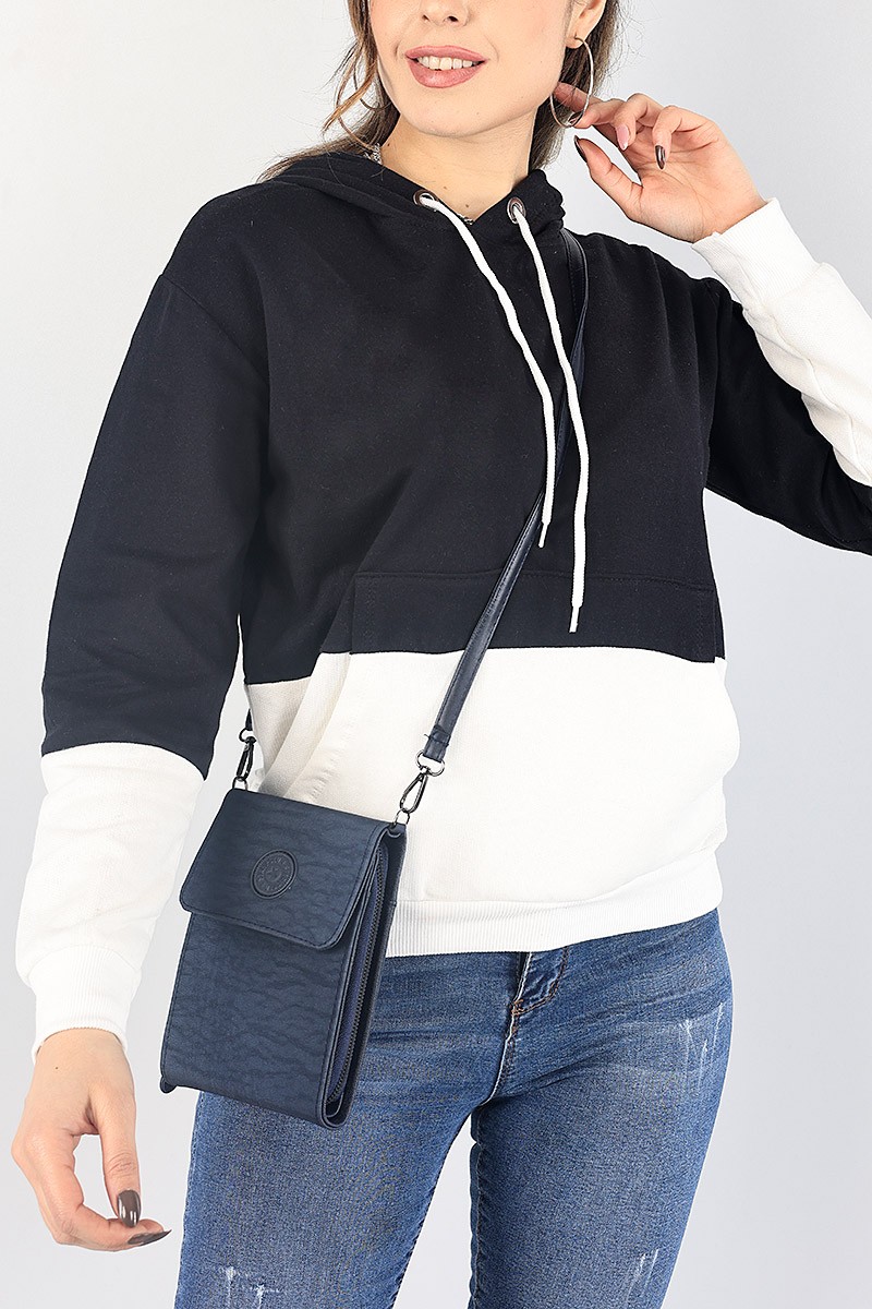 Lacivert Beyaz Kapüşonlu İçi Şardonlu Sweat 87760