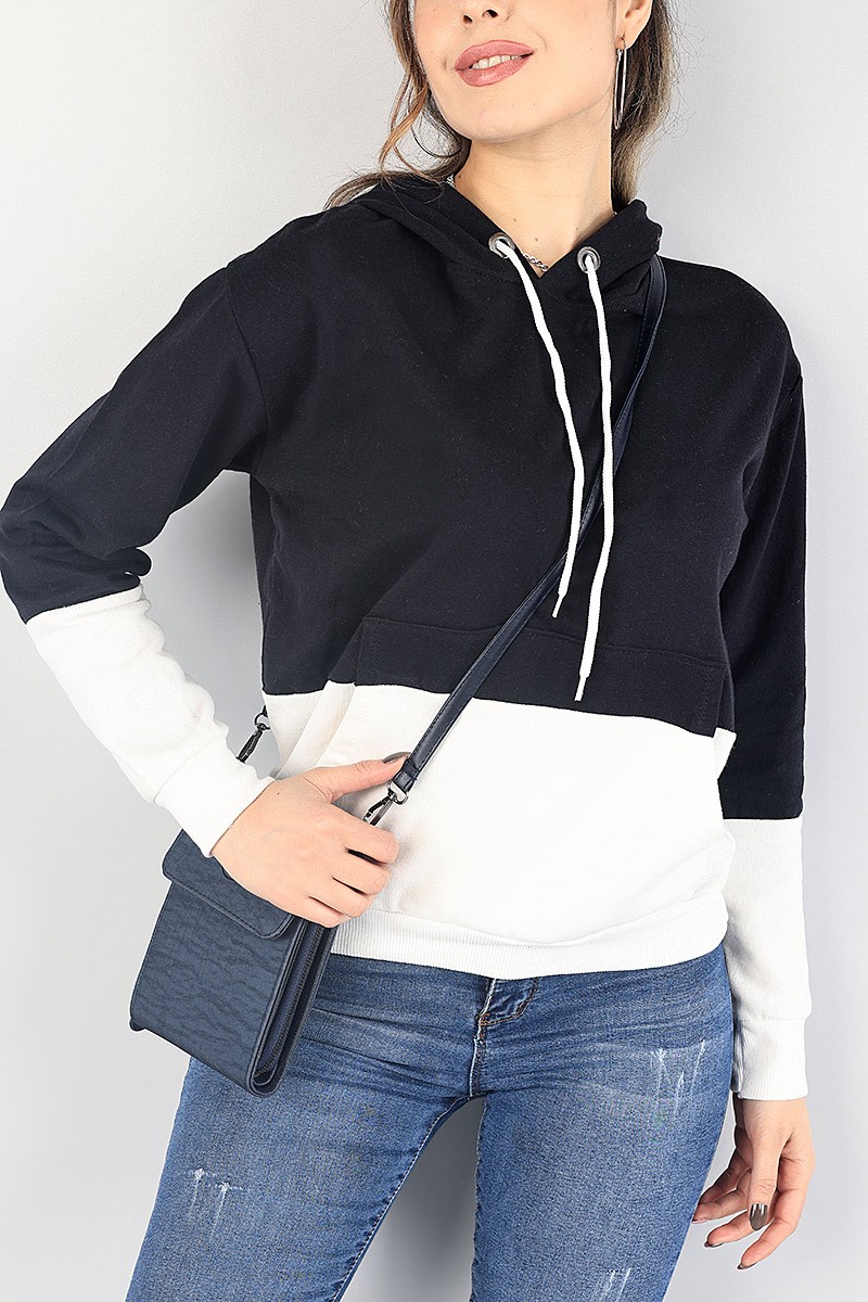 Lacivert Beyaz Kapüşonlu İçi Şardonlu Sweat 87760
