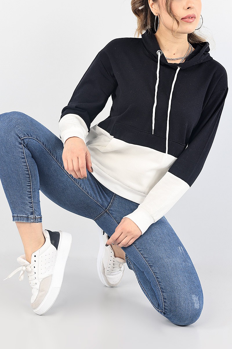 Lacivert Beyaz Kapüşonlu İçi Şardonlu Sweat 87760
