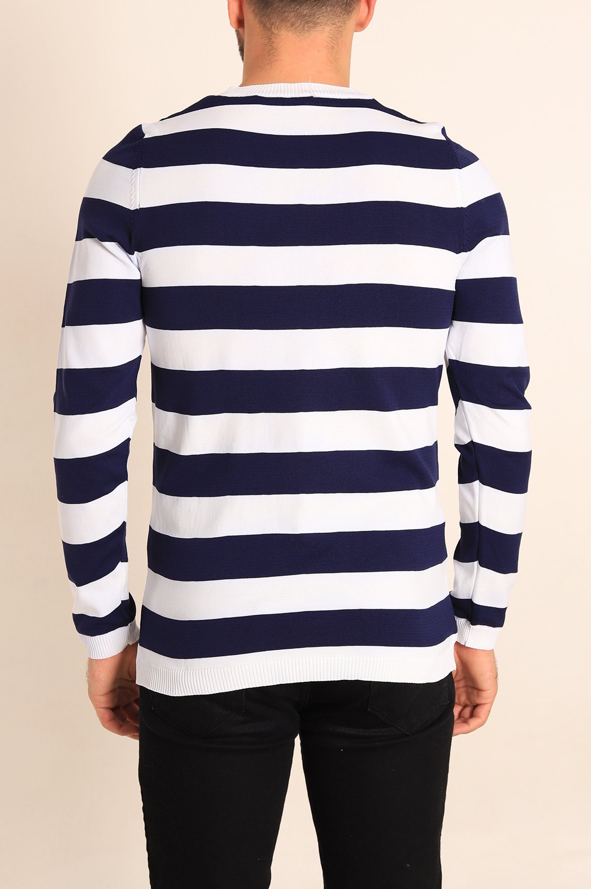 Lacivert Beyaz Regular Fit Çizgili Triko Kazak 213866