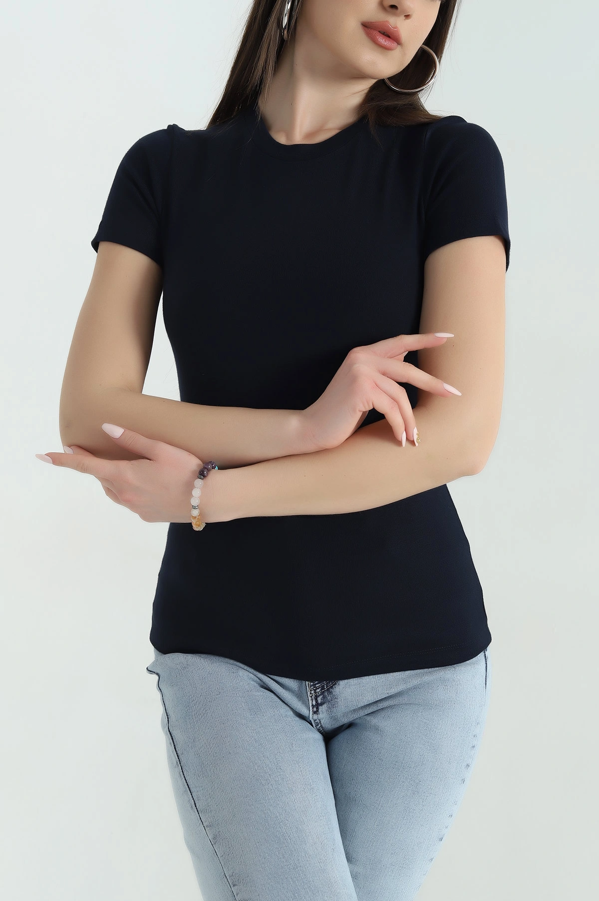 Lacivert Bisiklet Yaka Çilek Kumaş Bluz 350533