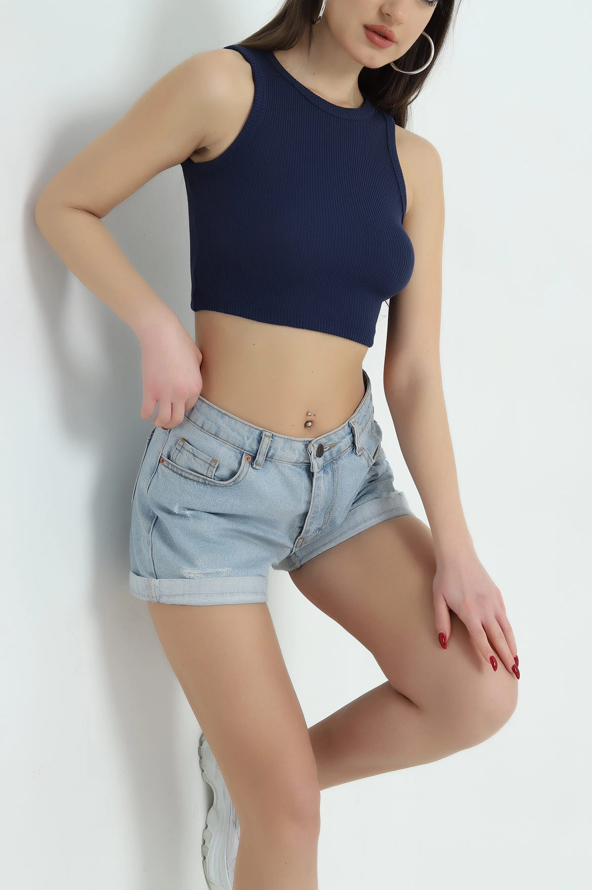Lacivert Bisiklet Yaka Crop Atlet 336801