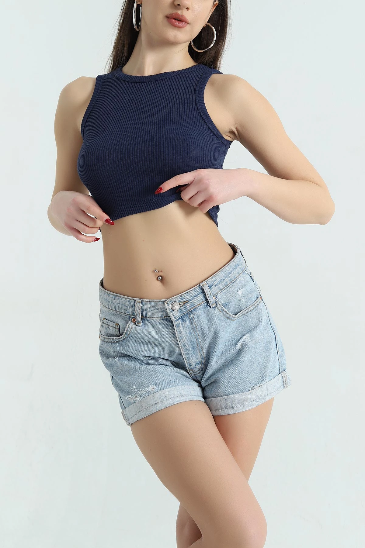 Lacivert Bisiklet Yaka Crop Atlet 336801