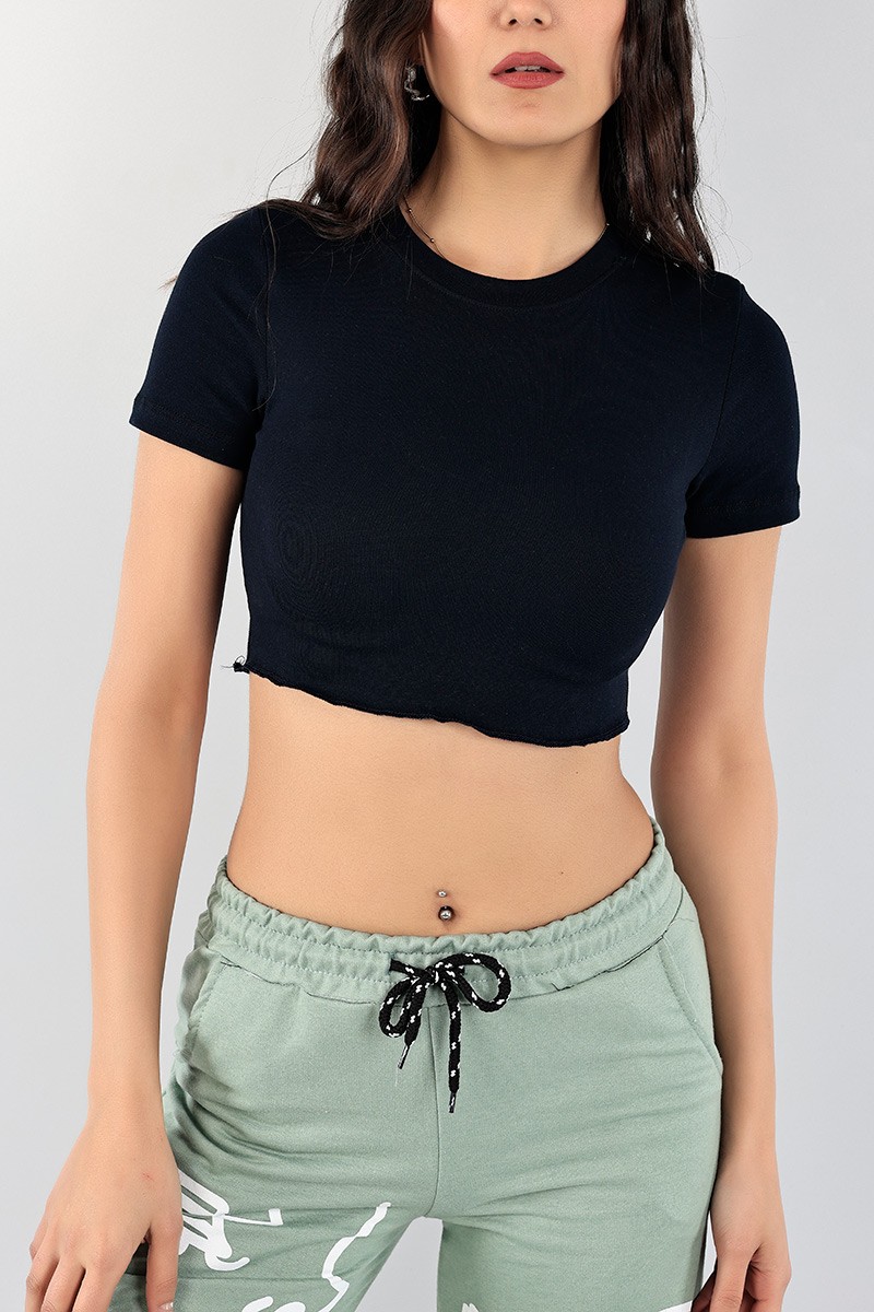 Lacivert Bisiklet Yaka Fitilli Crop 97053