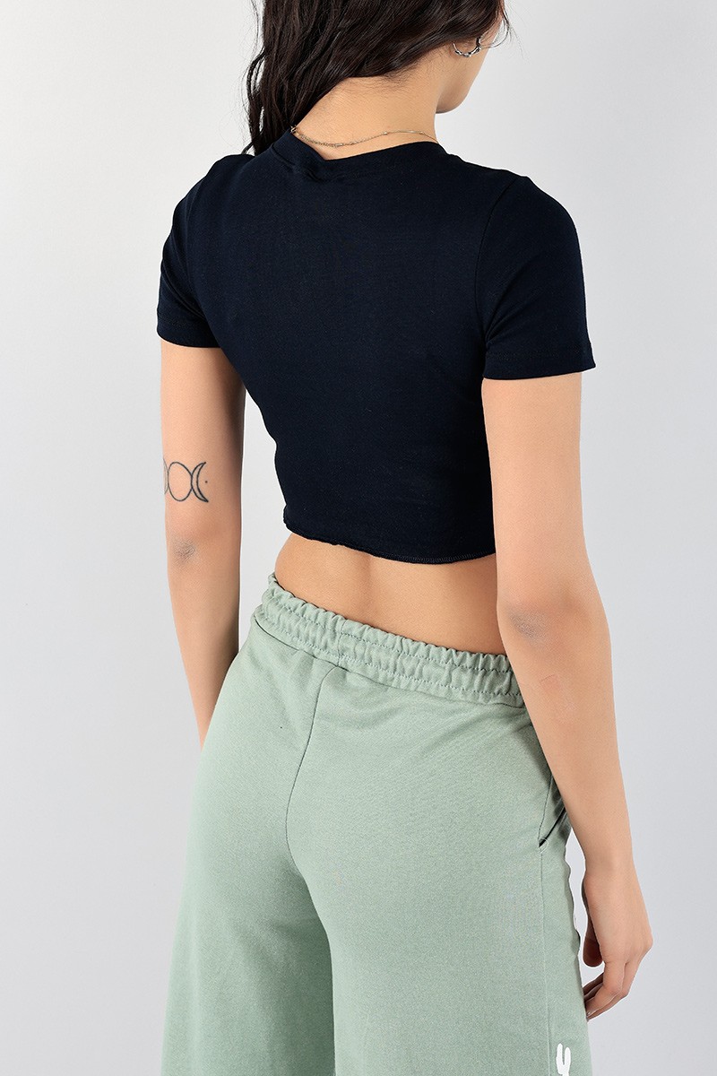 Lacivert Bisiklet Yaka Fitilli Crop 97053