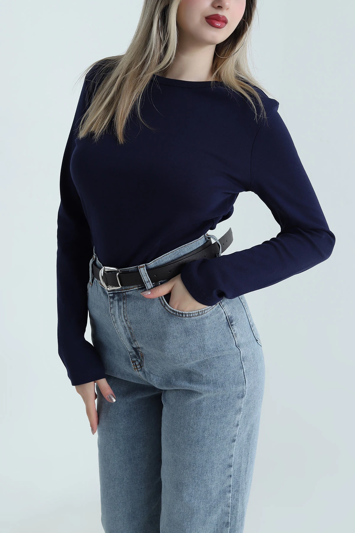 Lacivert Bisiklet Yaka Kadın Body Bluz 488615