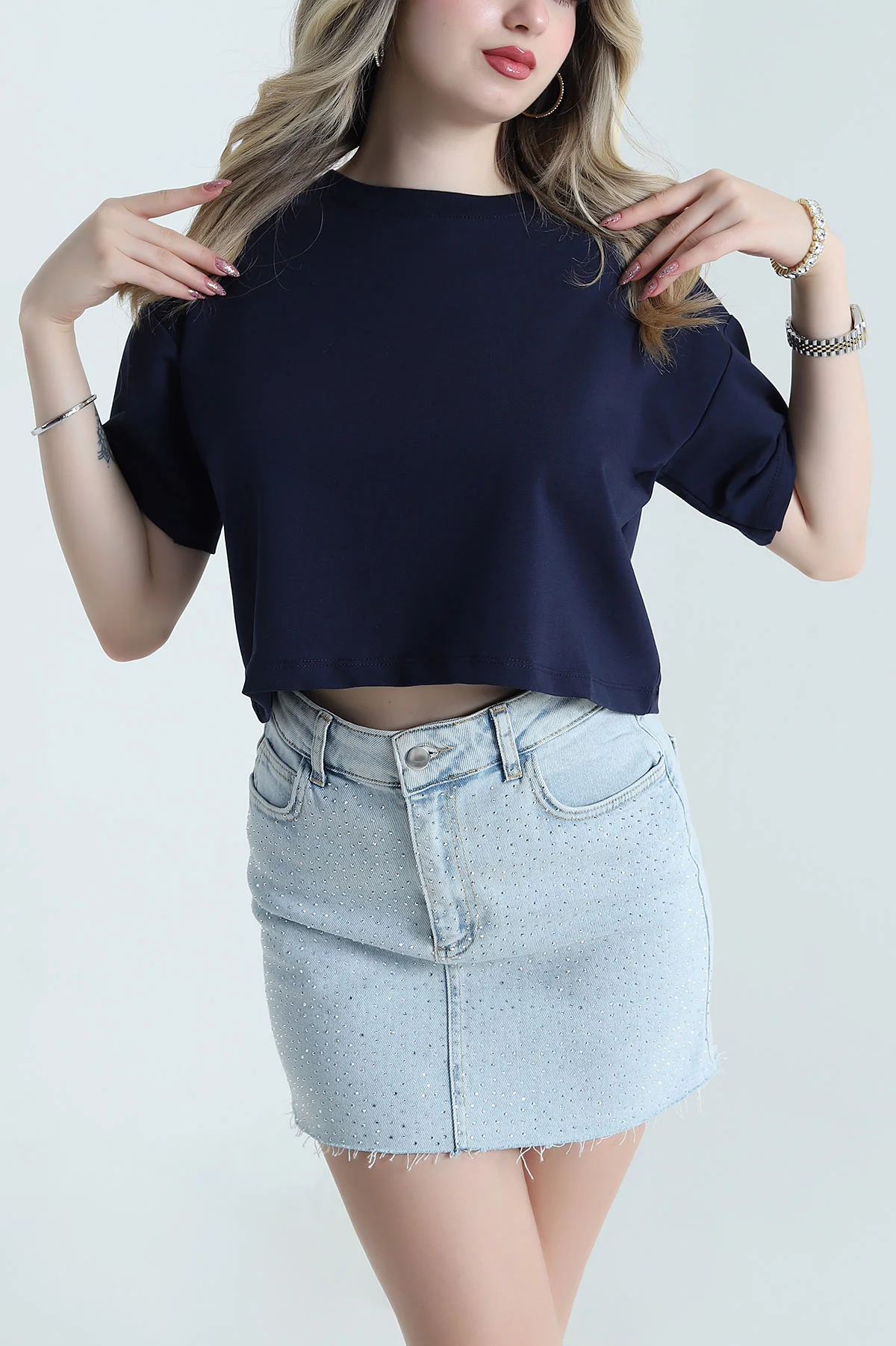 Lacivert Bisiklet Yaka Kristal Kadın Crop 477584