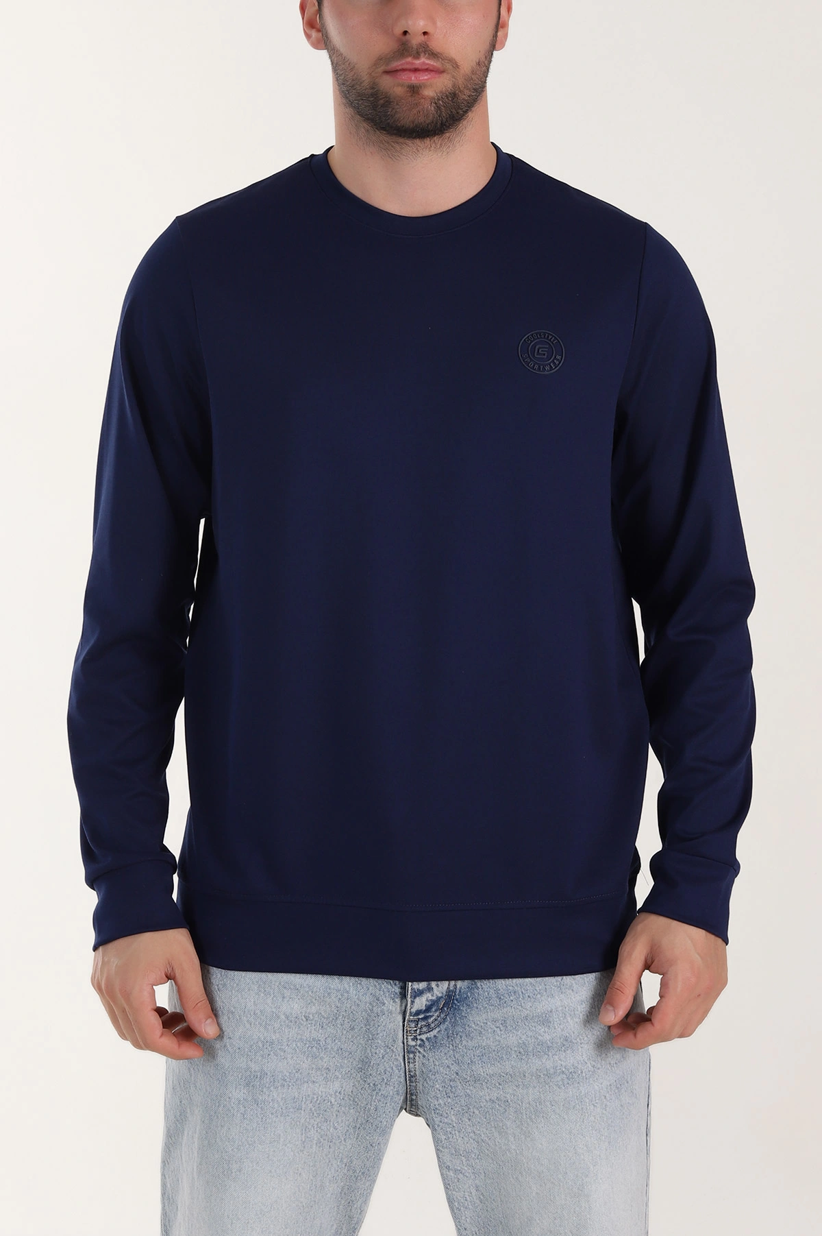 Lacivert Bisiklet Yaka Likralı Erkek Sweatshirt 410580