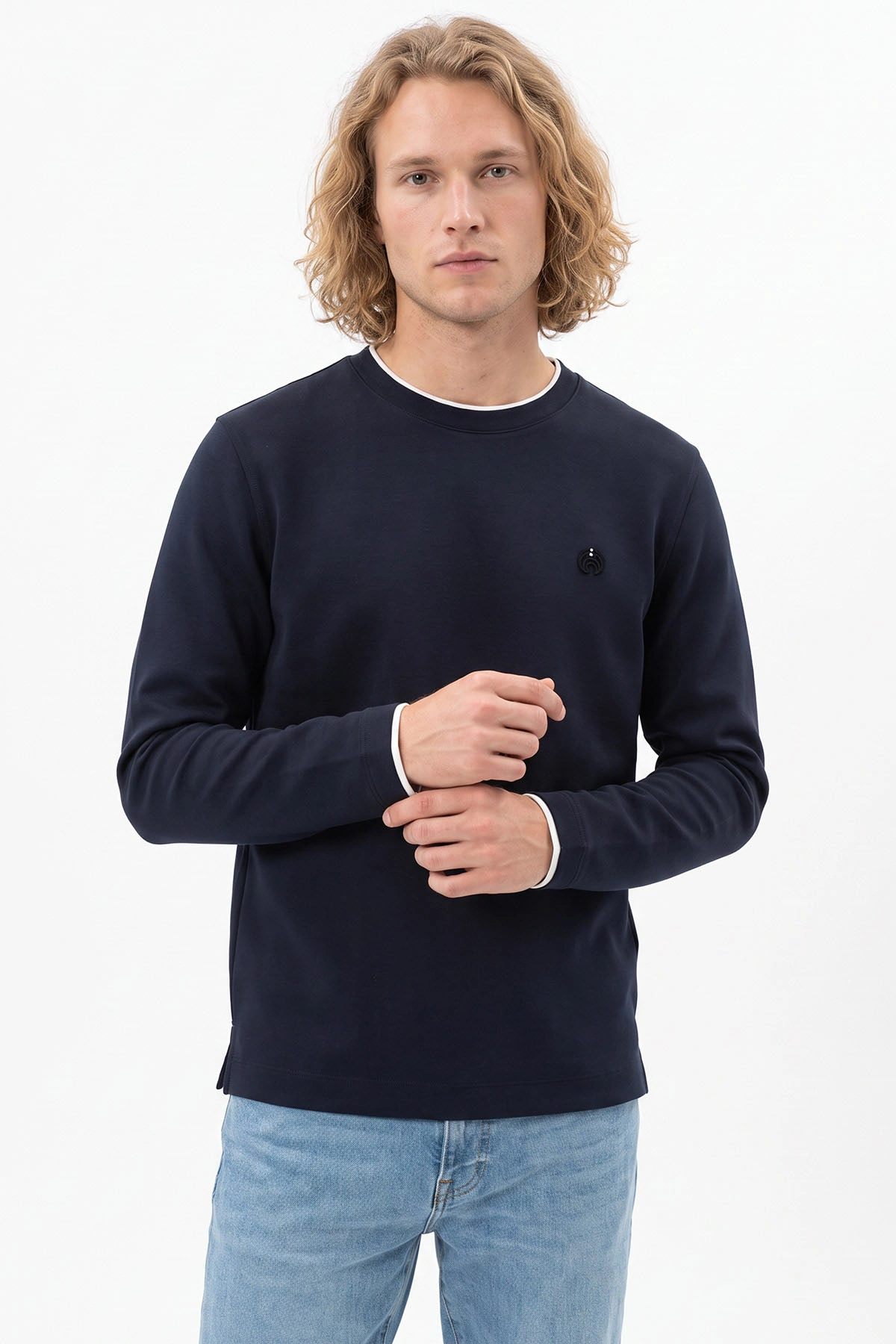 Lacivert Bisiklet Yaka Nakış Detay Erkek Sweatshirt 492008