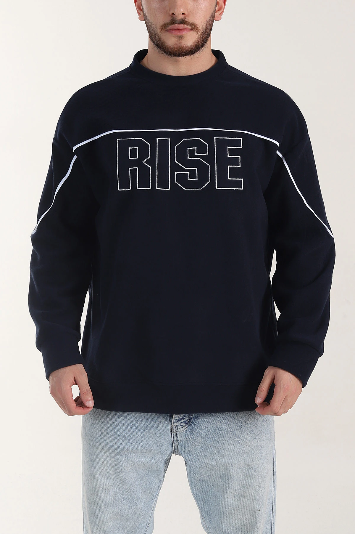 Lacivert Bisiklet Yaka Polar Kumaş Yazı Detaylı Erkek Sweatshirt 404254