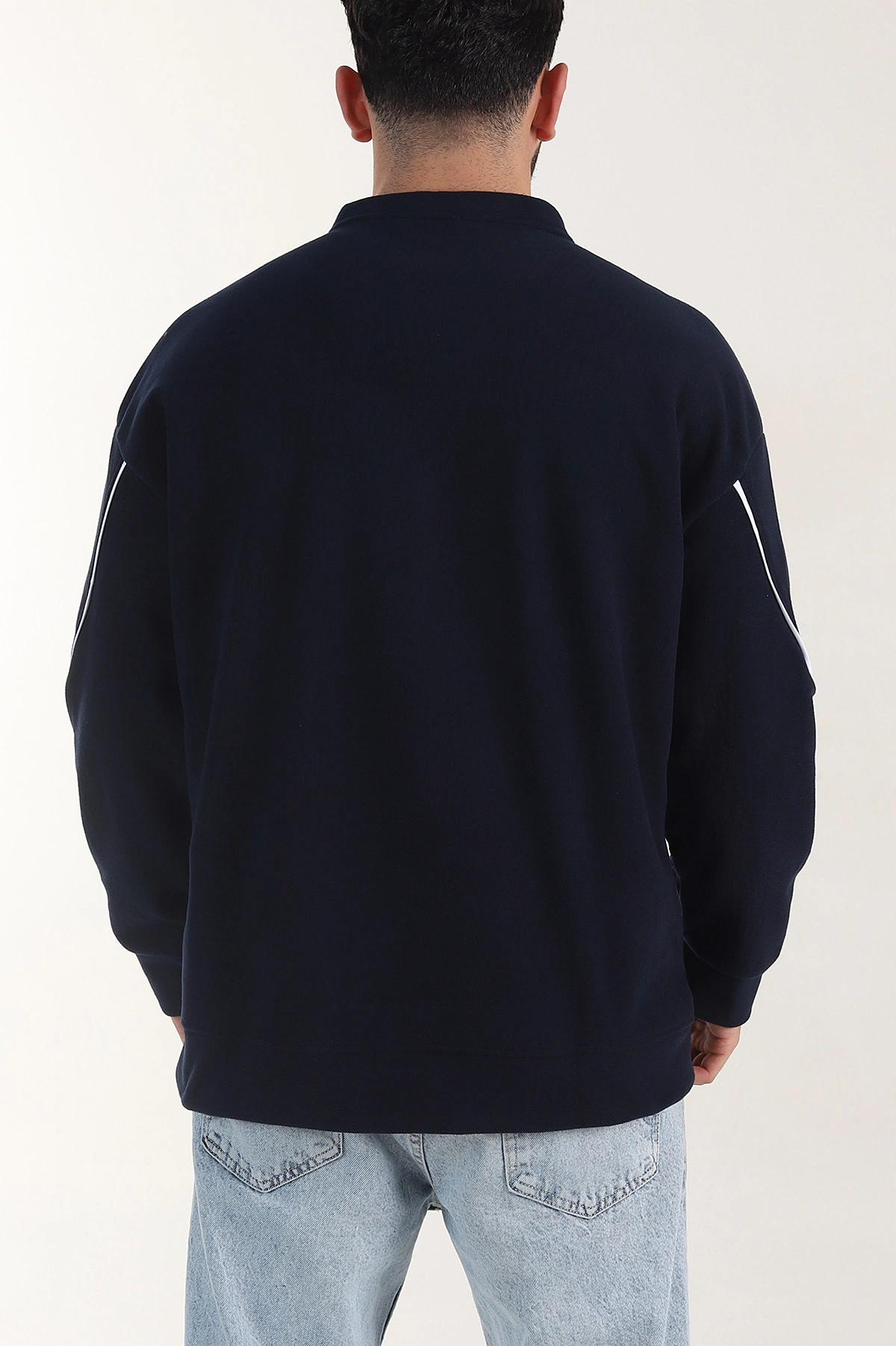Lacivert Bisiklet Yaka Polar Kumaş Yazı Detaylı Erkek Sweatshirt 404254