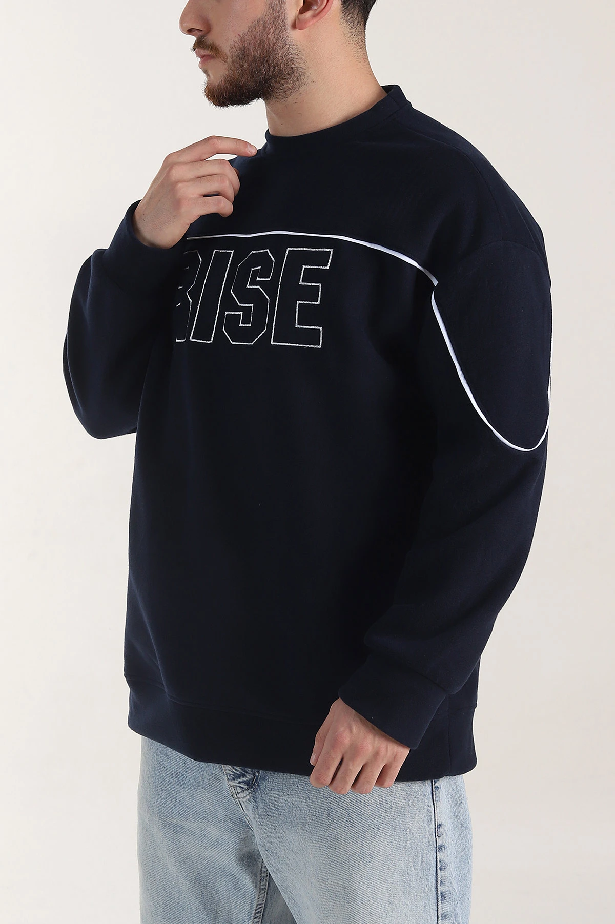 Lacivert Bisiklet Yaka Polar Kumaş Yazı Detaylı Erkek Sweatshirt 404254