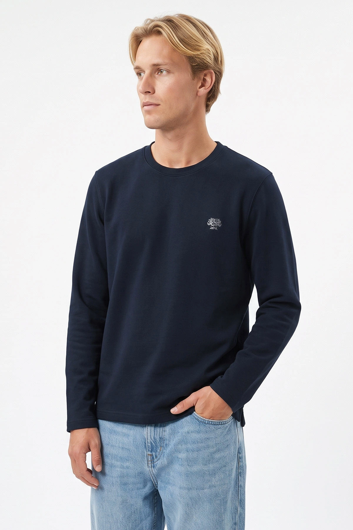 Lacivert Bisiklet Yaka Sırt Nakış Detaylı Erkek Sweatshirt 491992