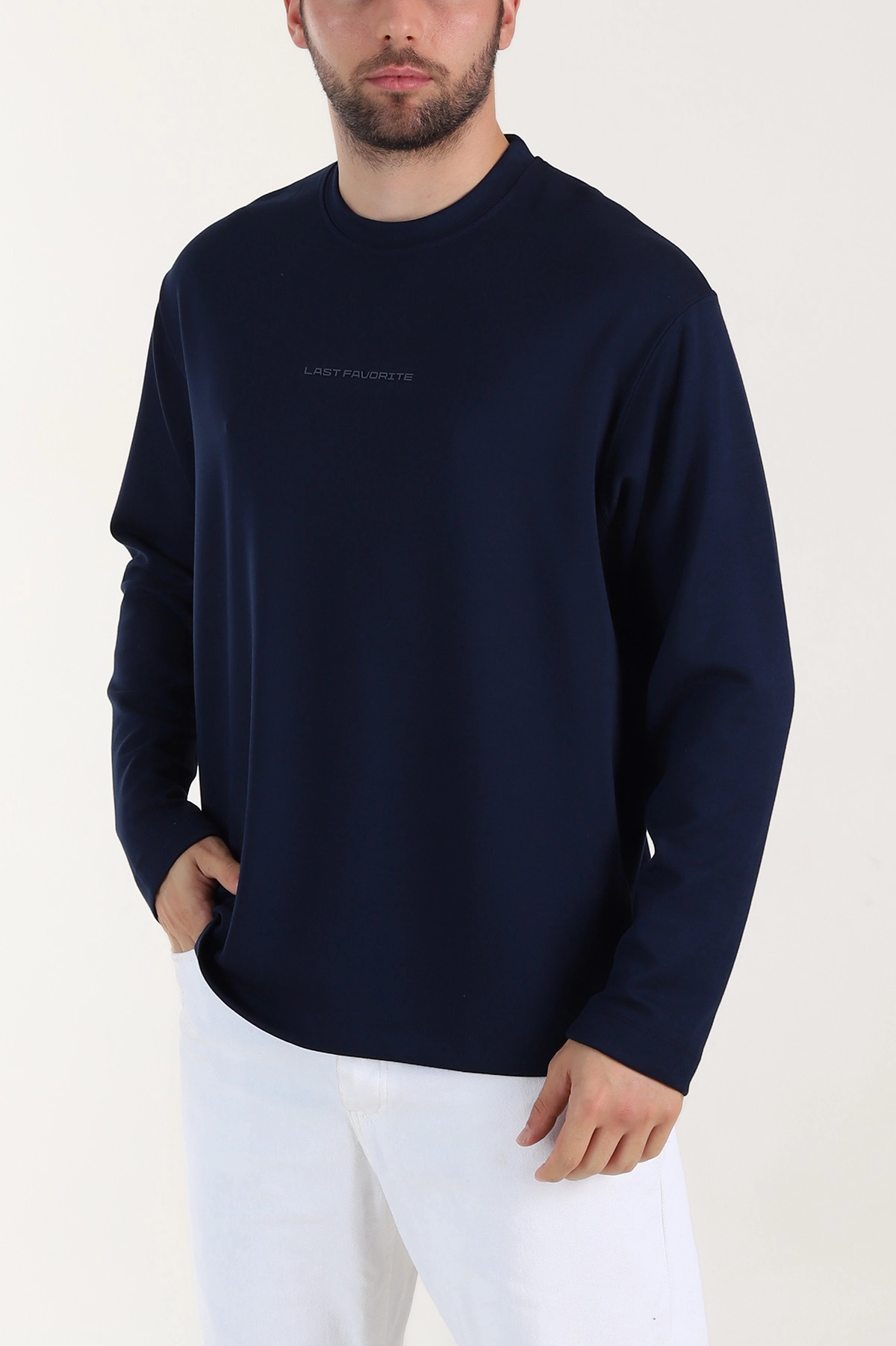 Lacivert Bisiklet Yaka Yazı Detaylı Erkek Sweatshirt 409094