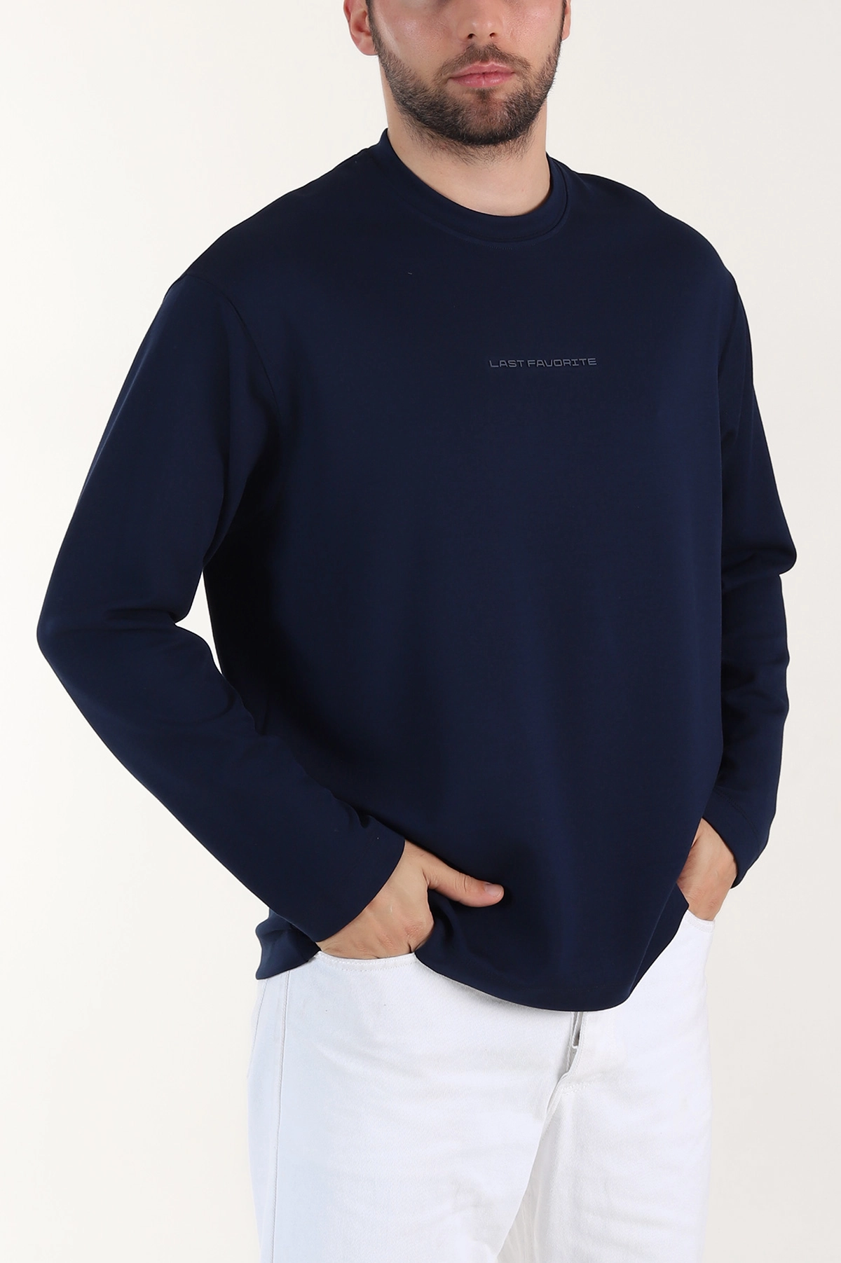 Lacivert Bisiklet Yaka Yazı Detaylı Erkek Sweatshirt 409094