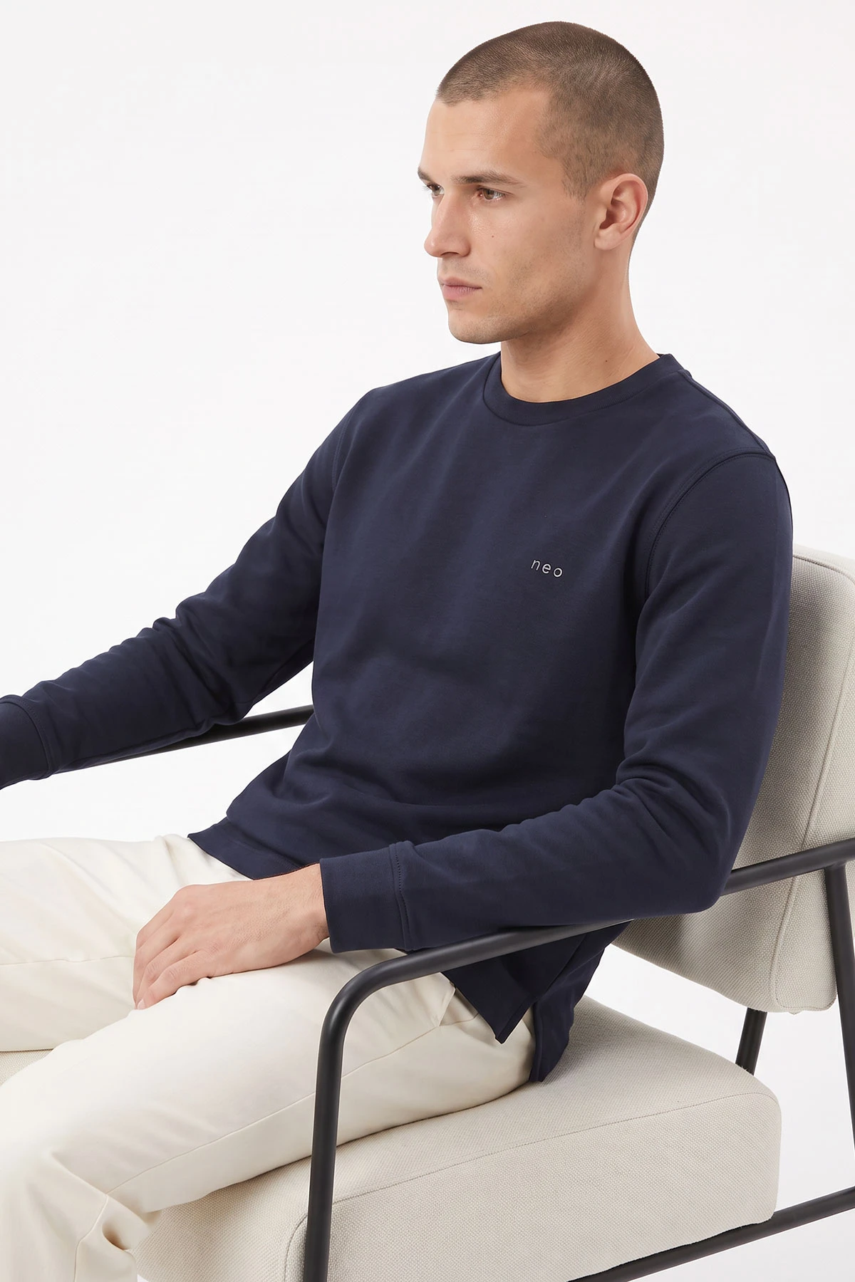 Lacivert Bisiklet Yaka Yazı Detaylı Erkek Sweatshirt 492043