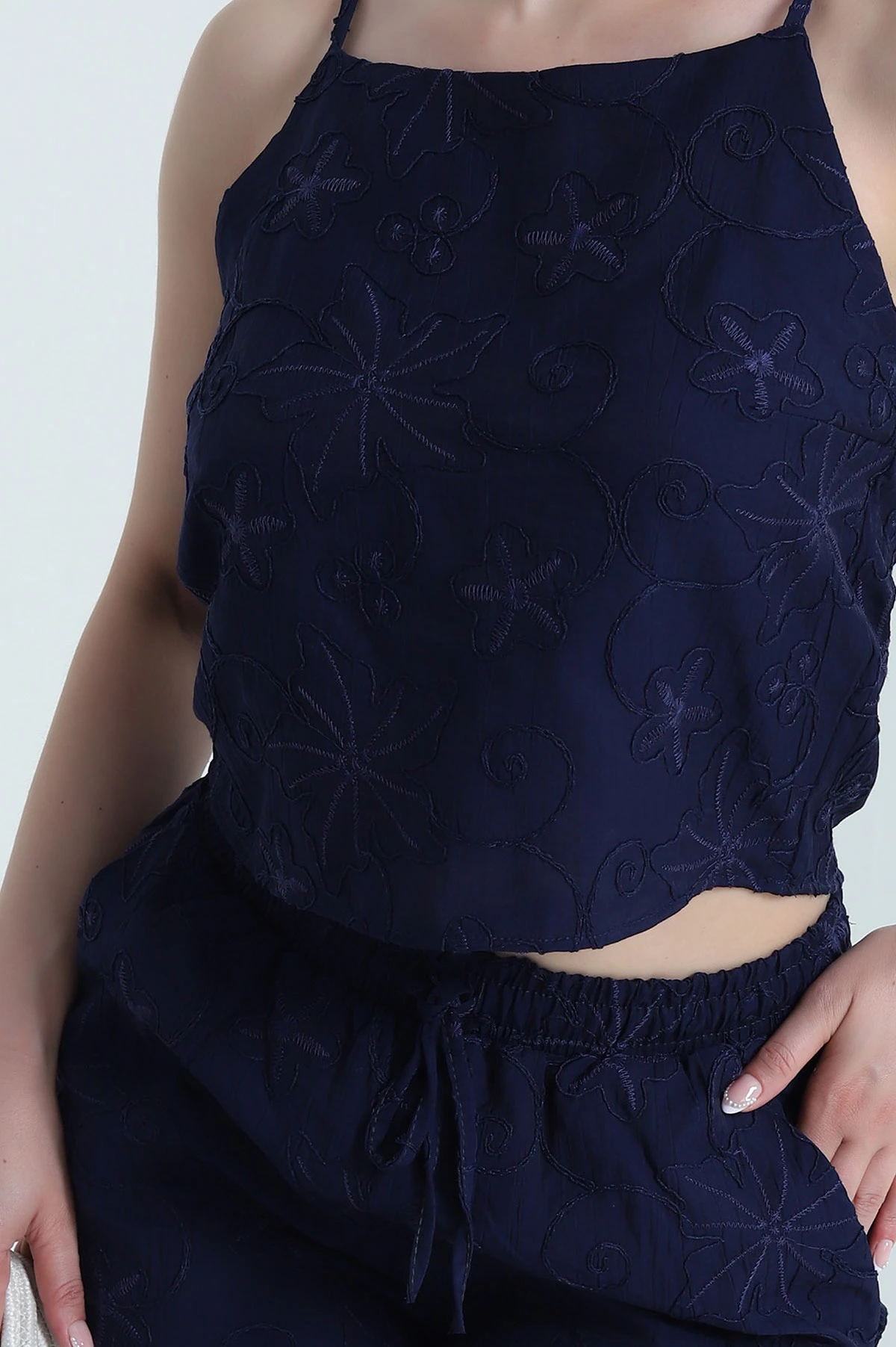 Lacivert Bluz Pantolon Çilek Kumaş Nakışlı İkili Takım 474356