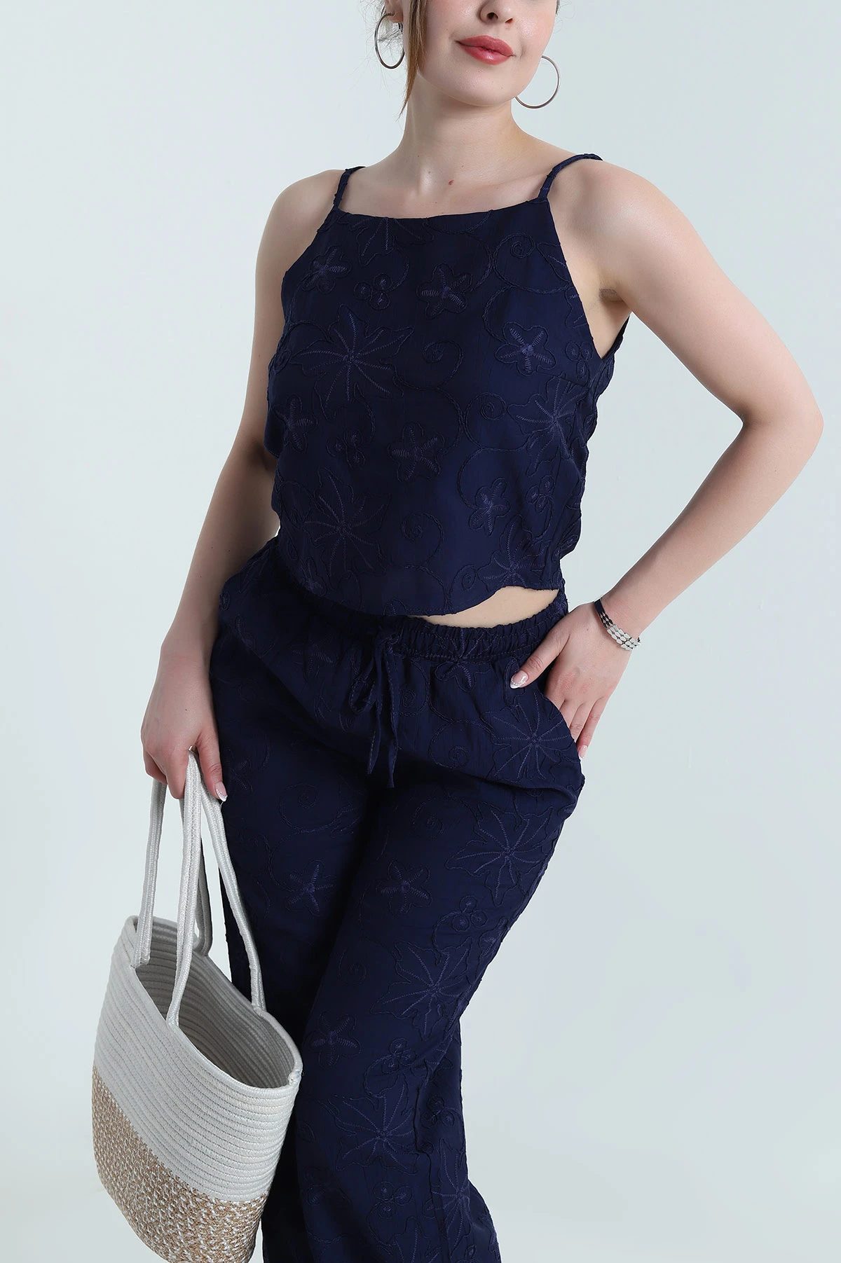 Lacivert Bluz Pantolon Çilek Kumaş Nakışlı İkili Takım 474356