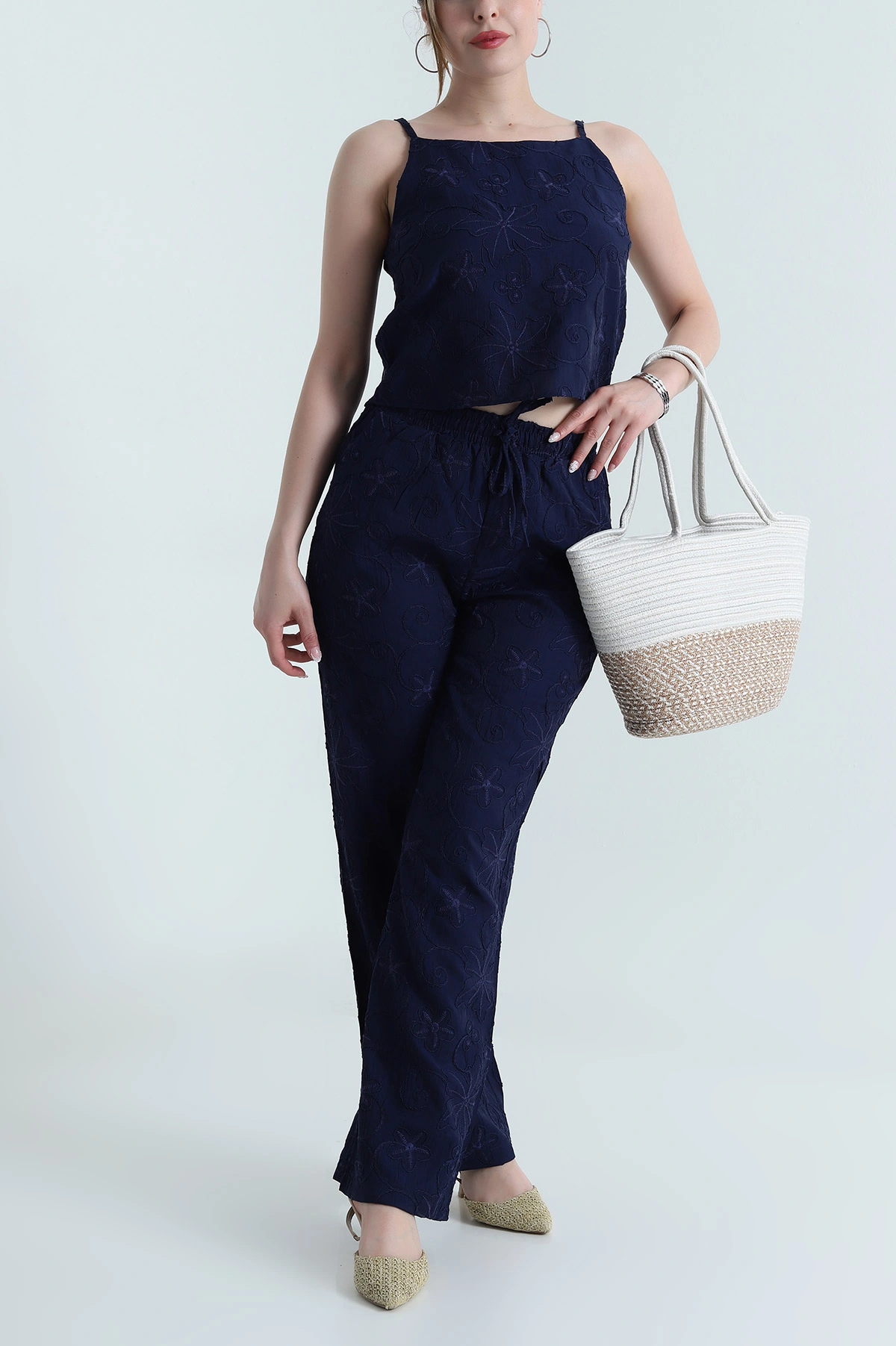 Lacivert Bluz Pantolon Çilek Kumaş Nakışlı İkili Takım 474356