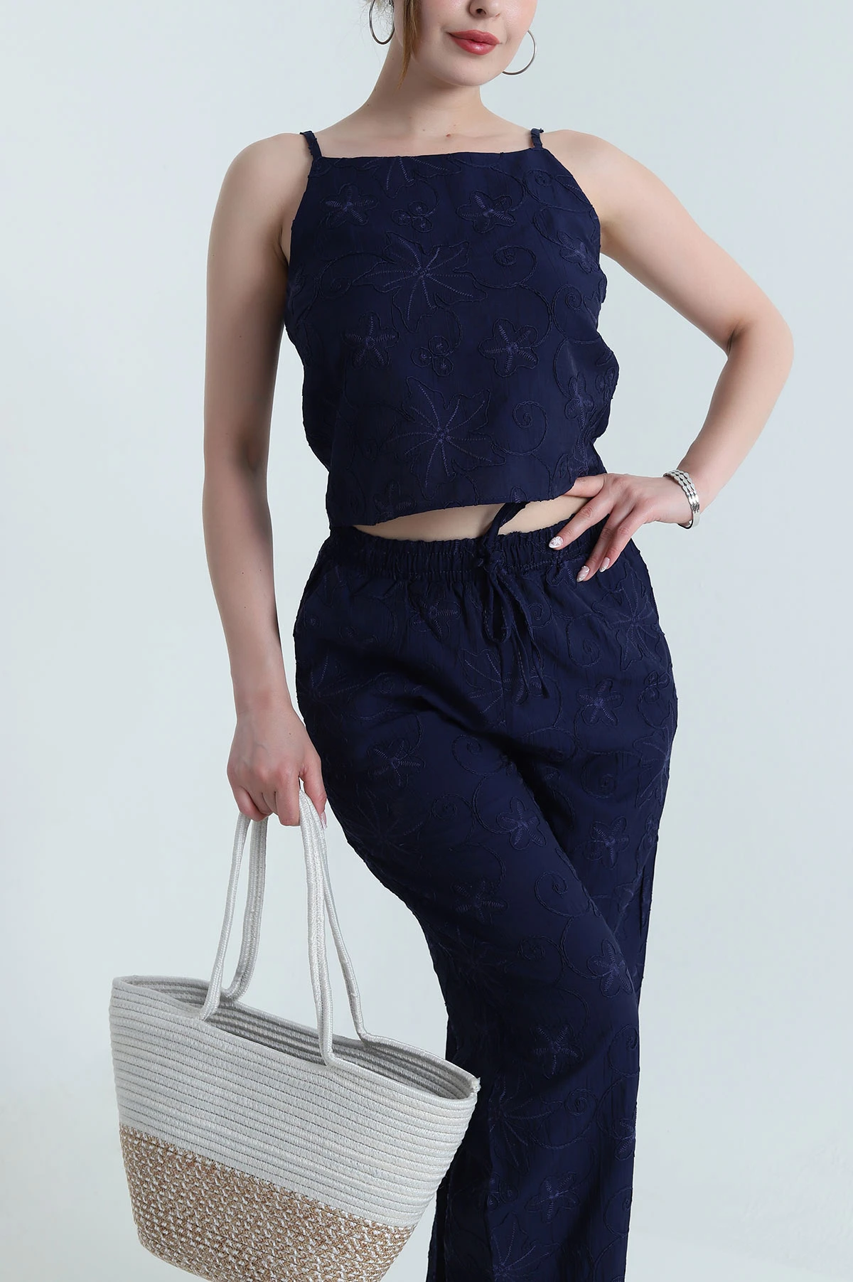 Lacivert Bluz Pantolon Çilek Kumaş Nakışlı İkili Takım 474356