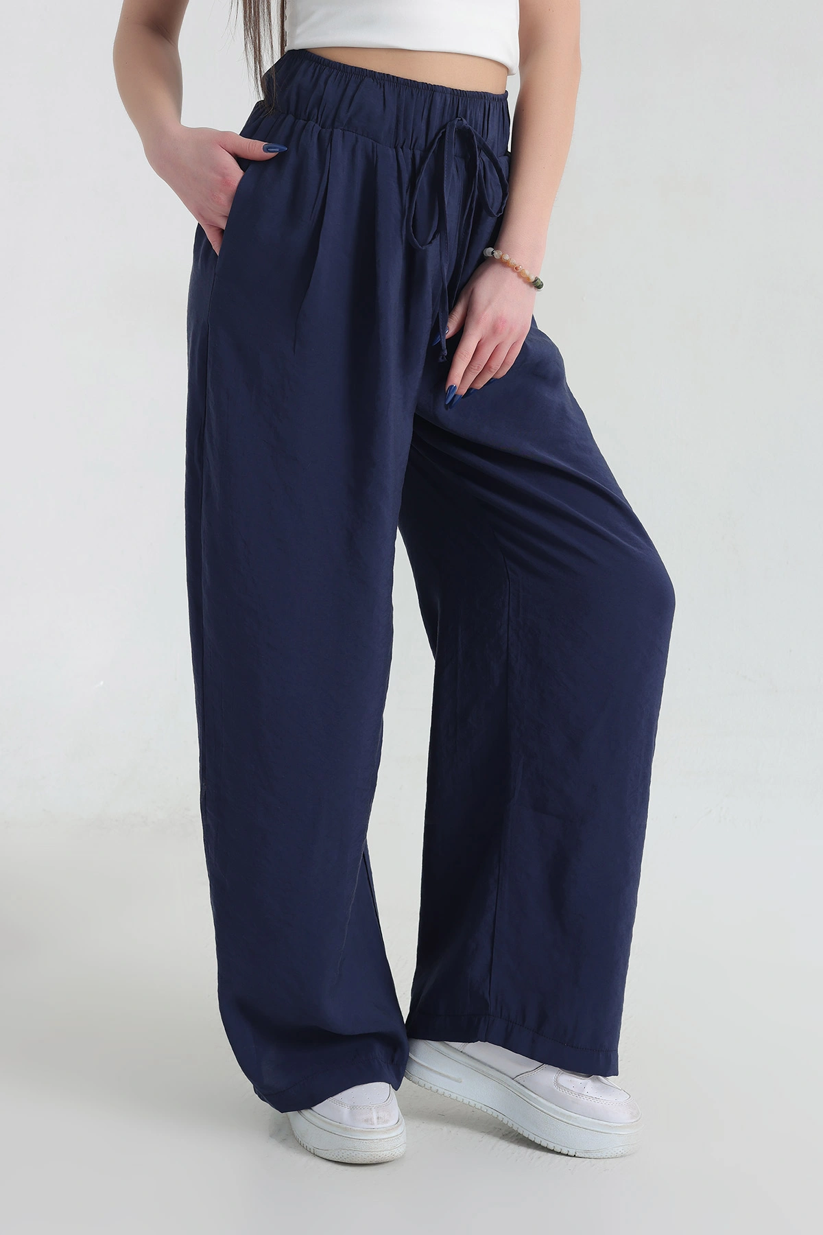Lacivert Bol Paça Bel Lastikli Modal Kadın Pantolon 337601