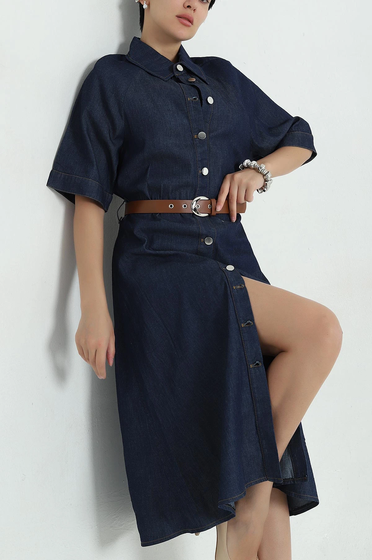 Lacivert Boydan Düğmeli Kemerli Tencel Kot Elbise 368954