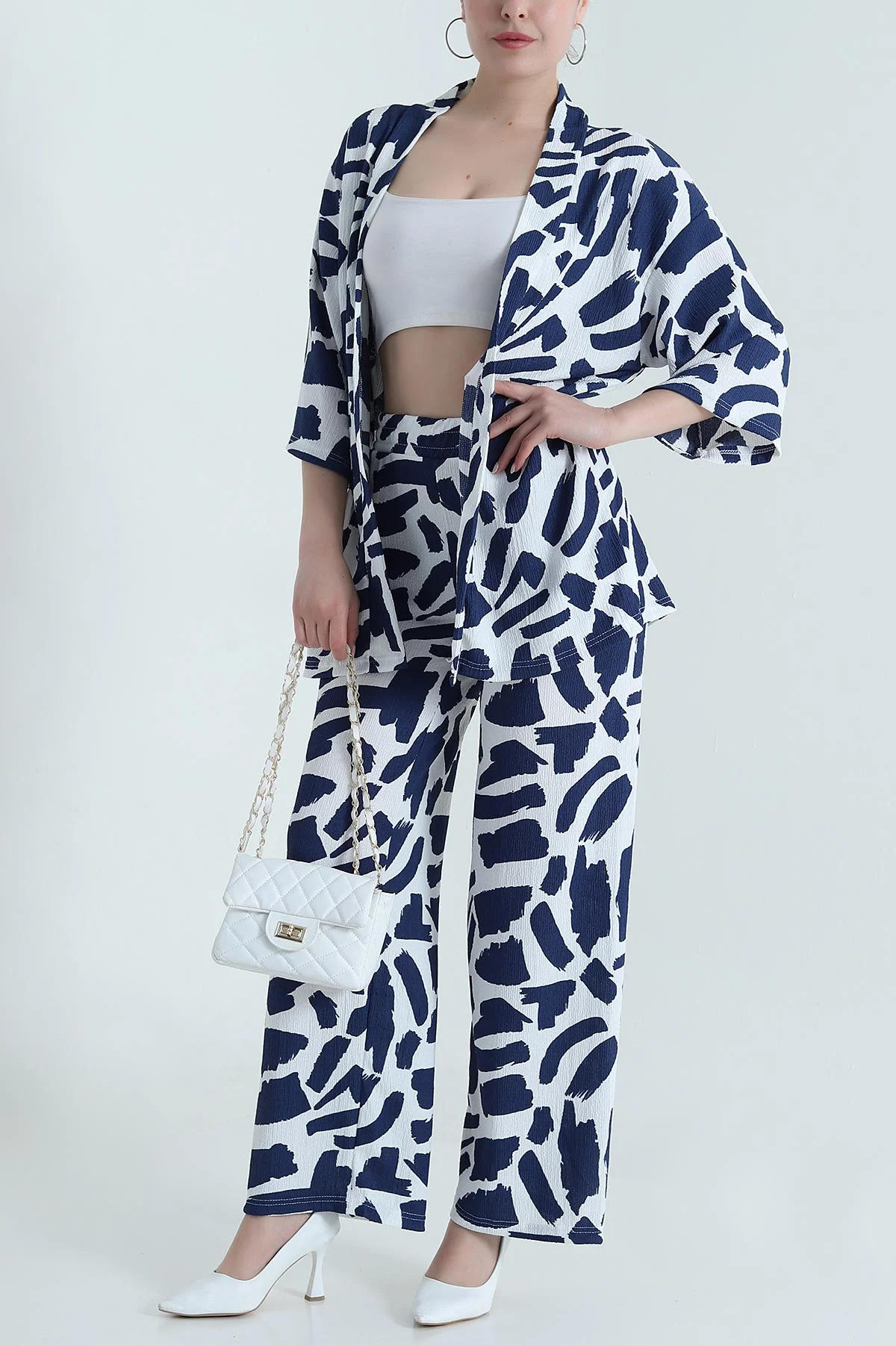 Lacivert Bürümcük Kimono Kadın İkili Takım 473260