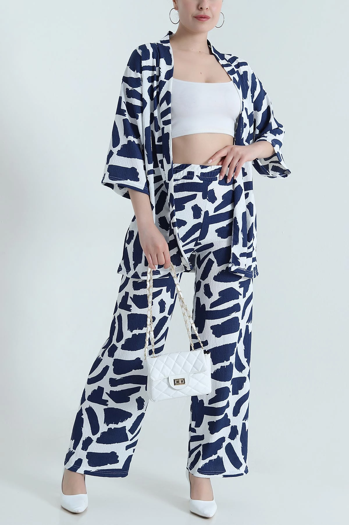 Lacivert Bürümcük Kimono Kadın İkili Takım 473260
