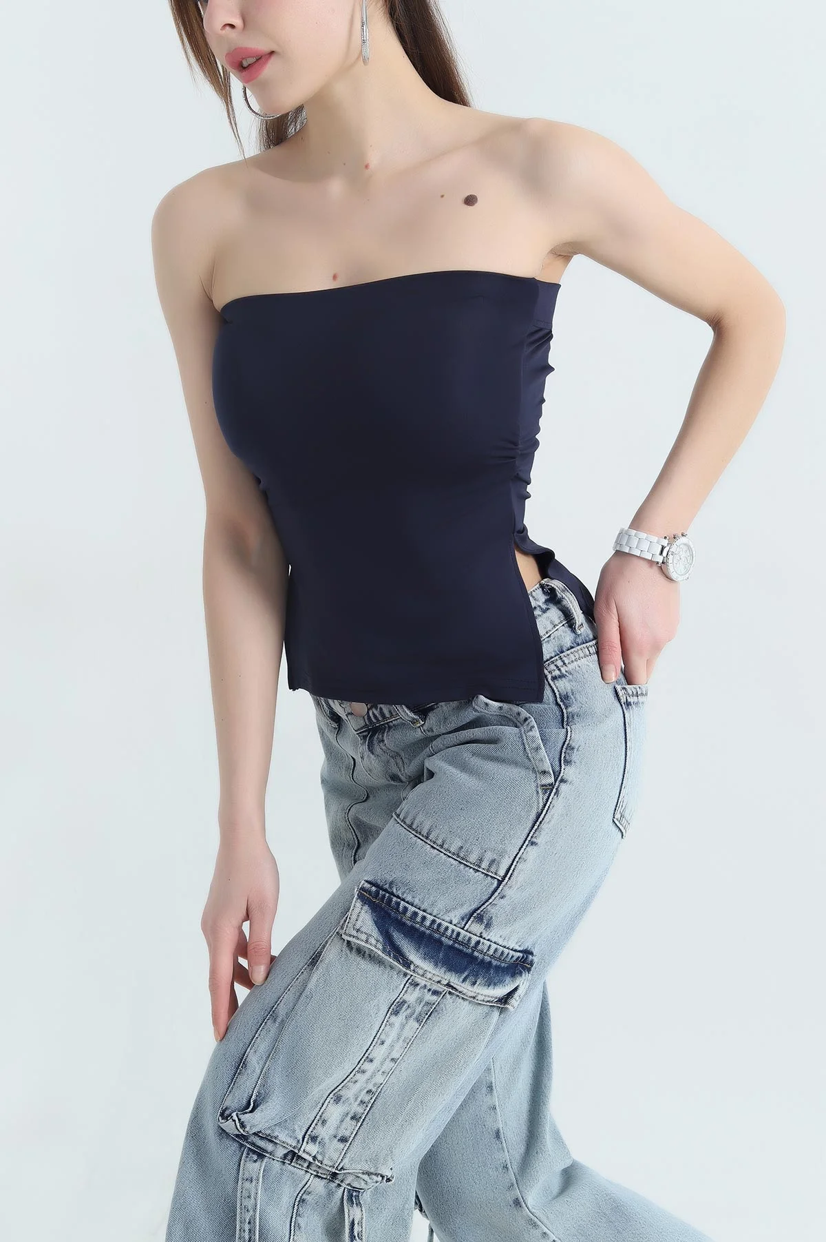 Lacivert Büzgülü Pedli Staplez Kadın Bluz 342970