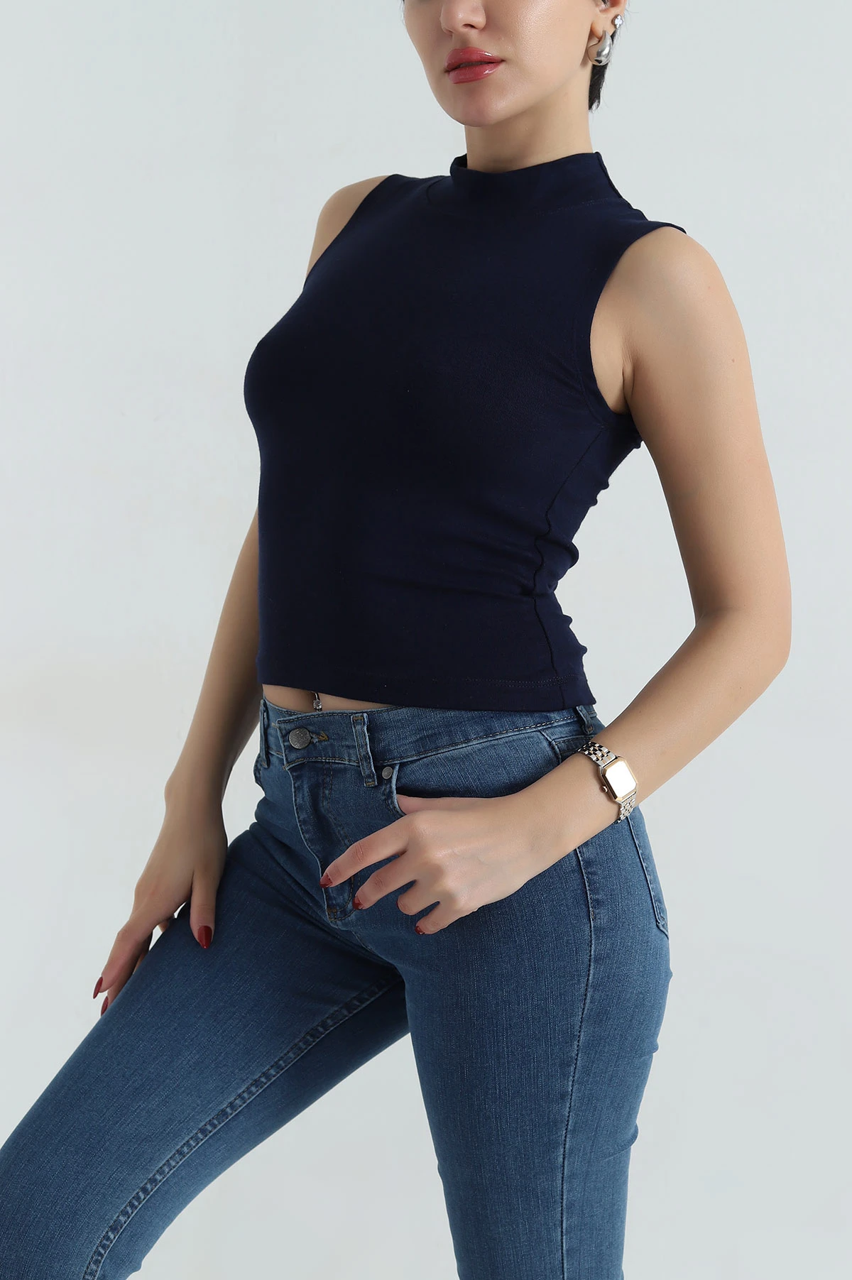 Lacivert Buzi Yarım Boğazlı Sıfır Kol Kadın Badi 415554