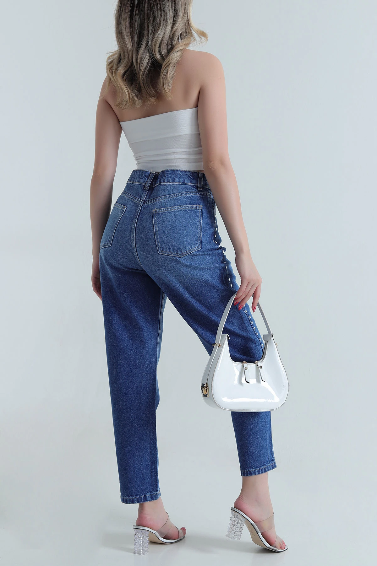 Lacivert Çakımlı Mom Kadın Kot Pantolon 484894