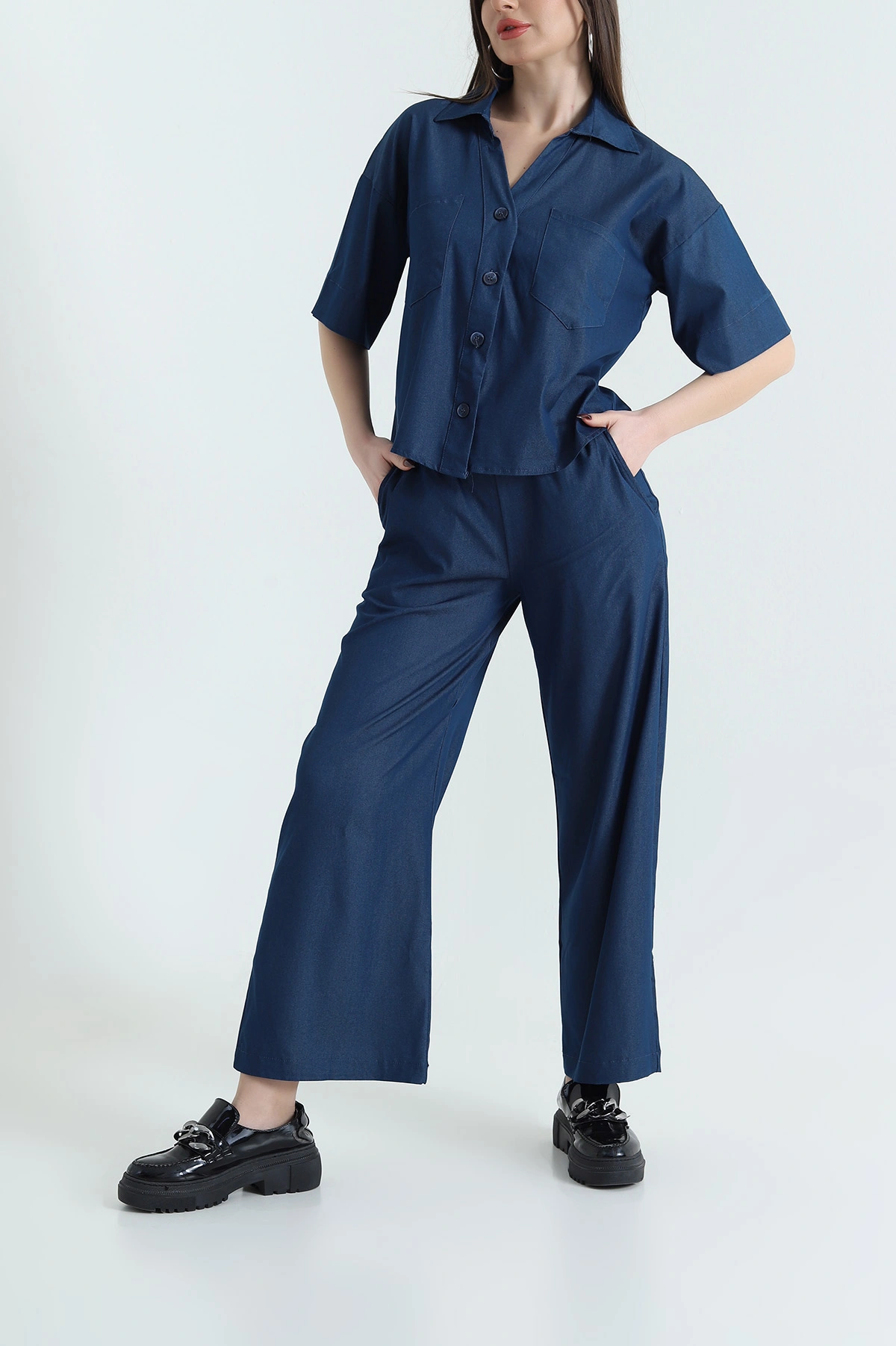 Lacivert Cepli Bel Lastikli Denim Kadın İkili Takım 430120